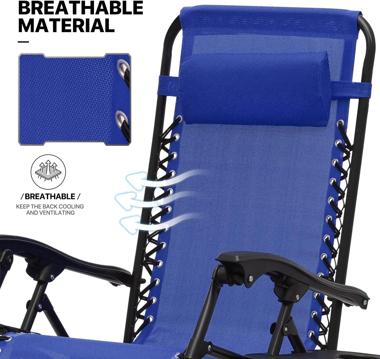 MoNiBloom Lounge Beach Chairs Set of 3 for Outside, Zero Gravity Camping Chairs with Side Table, Pillow and Tray, Blue