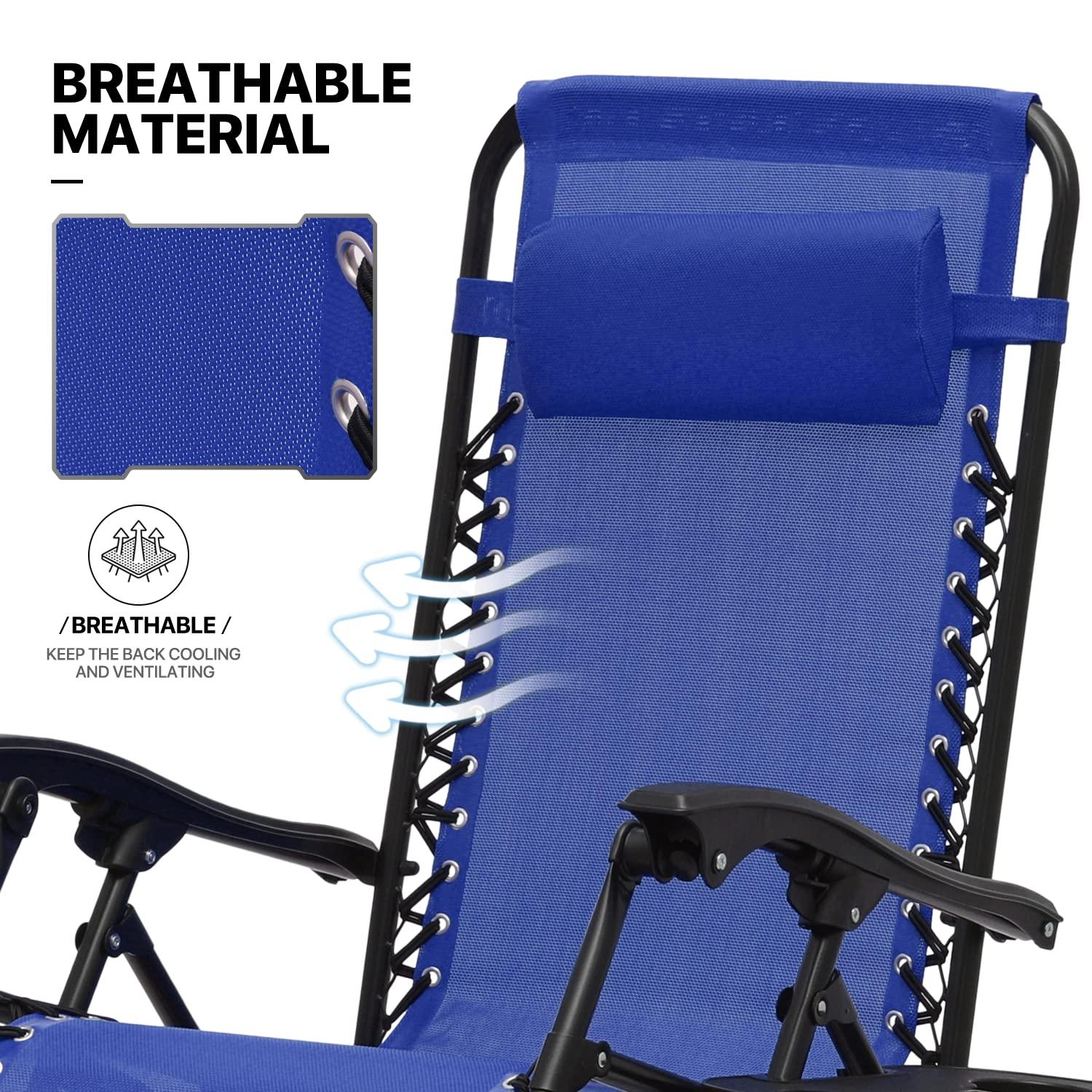 MoNiBloom Lounge Beach Chairs Set of 3 for Outside, Zero Gravity Camping Chairs with Side Table, Pillow and Tray, Blue