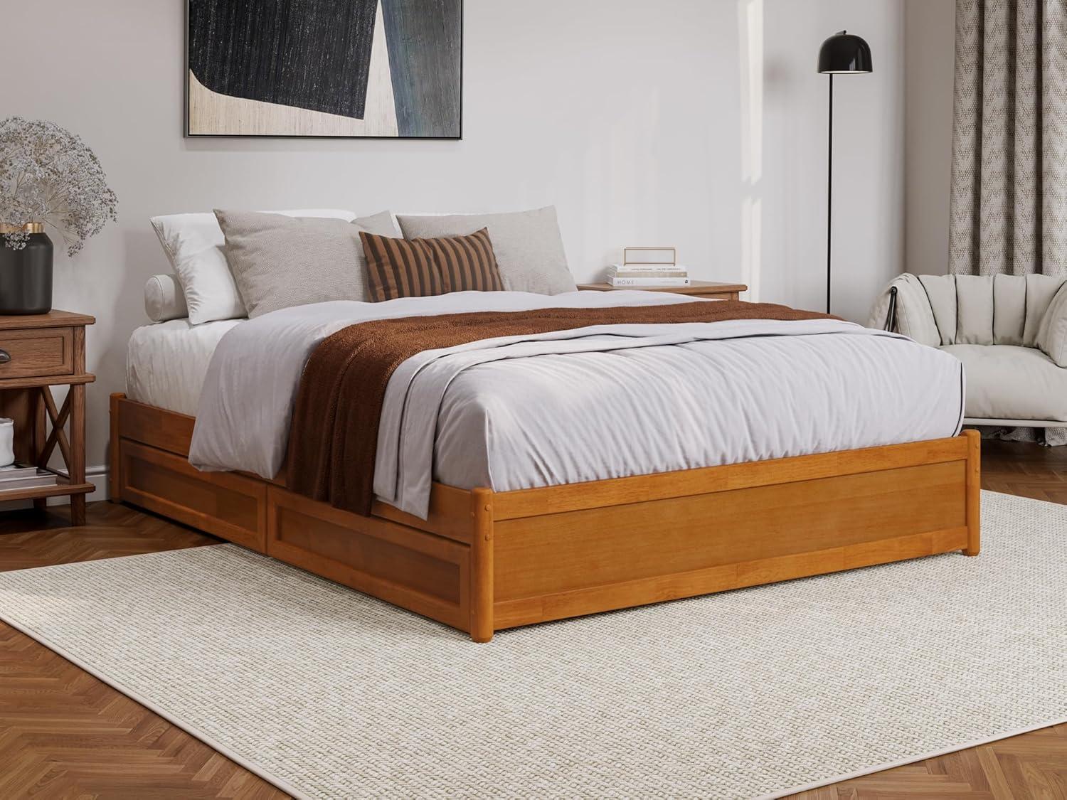 Barcelona Queen Wood Panel Platform Bed with Storage Drawers in Light Toffee
