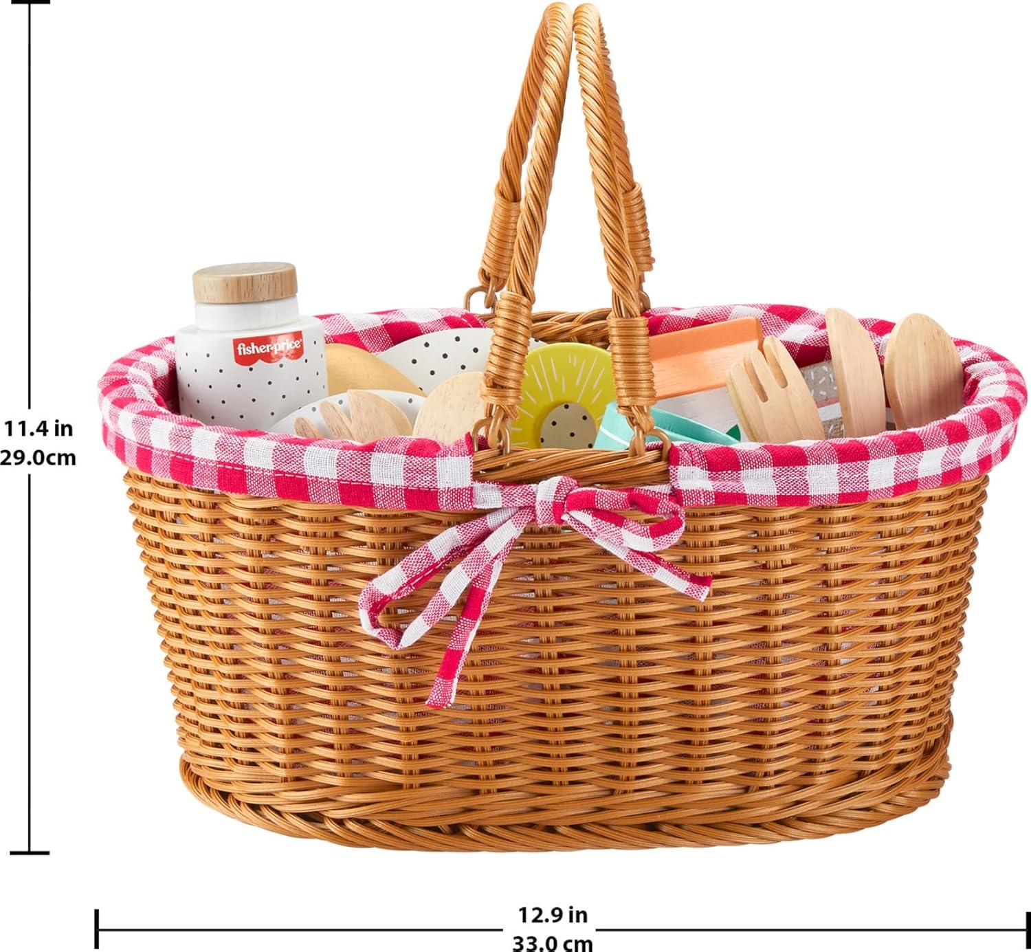 Fisher-Price Wooden Picnic Basket and Food Pretend Play Set for Preschool Kids, 31 Pieces