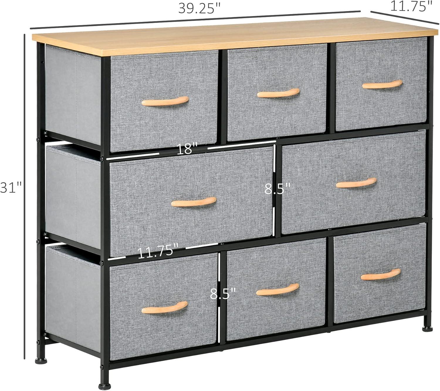 HomCom 8-Drawer Dresser, 3-Tier Fabric Chest of Drawers, Storage Tower Organizer Unit with Steel Frame Wooden Top for Bedroom, Hallway, Light Grey