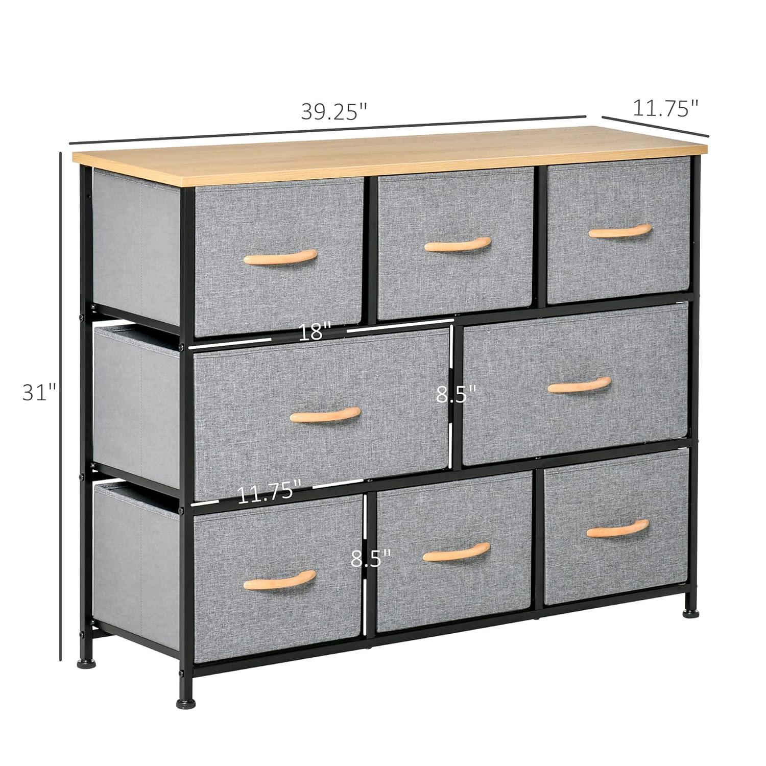HomCom 8-Drawer Dresser, 3-Tier Fabric Chest of Drawers, Storage Tower Organizer Unit with Steel Frame Wooden Top for Bedroom, Hallway, Light Grey