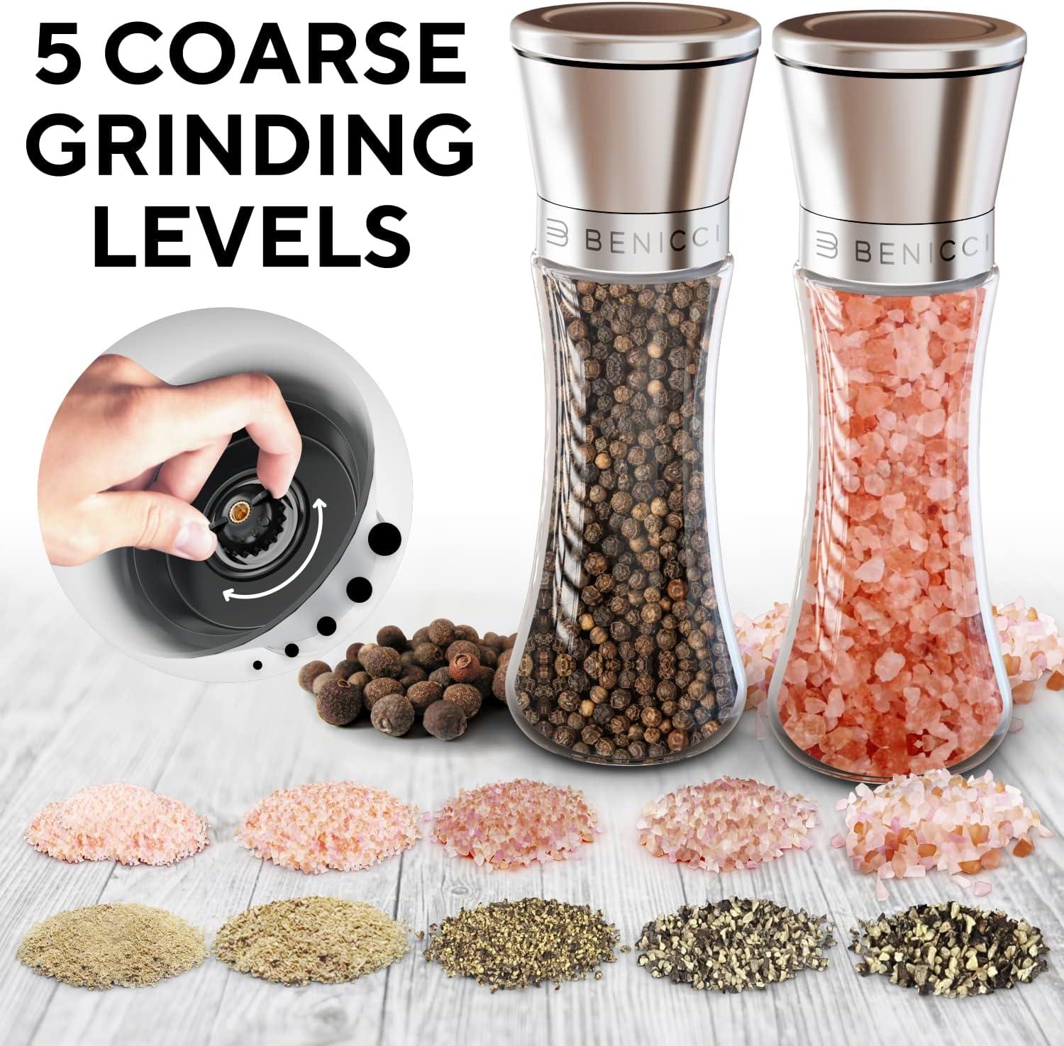 Beautiful Stainless Steel Salt & Pepper Grinders Refillable Set - Two 7 oz Salt / Spice Shakers with Adjustable Coarse Mills - Easy Clean Ceramic Grinders with BONUS Silicone Funnel and Cleaning Brush