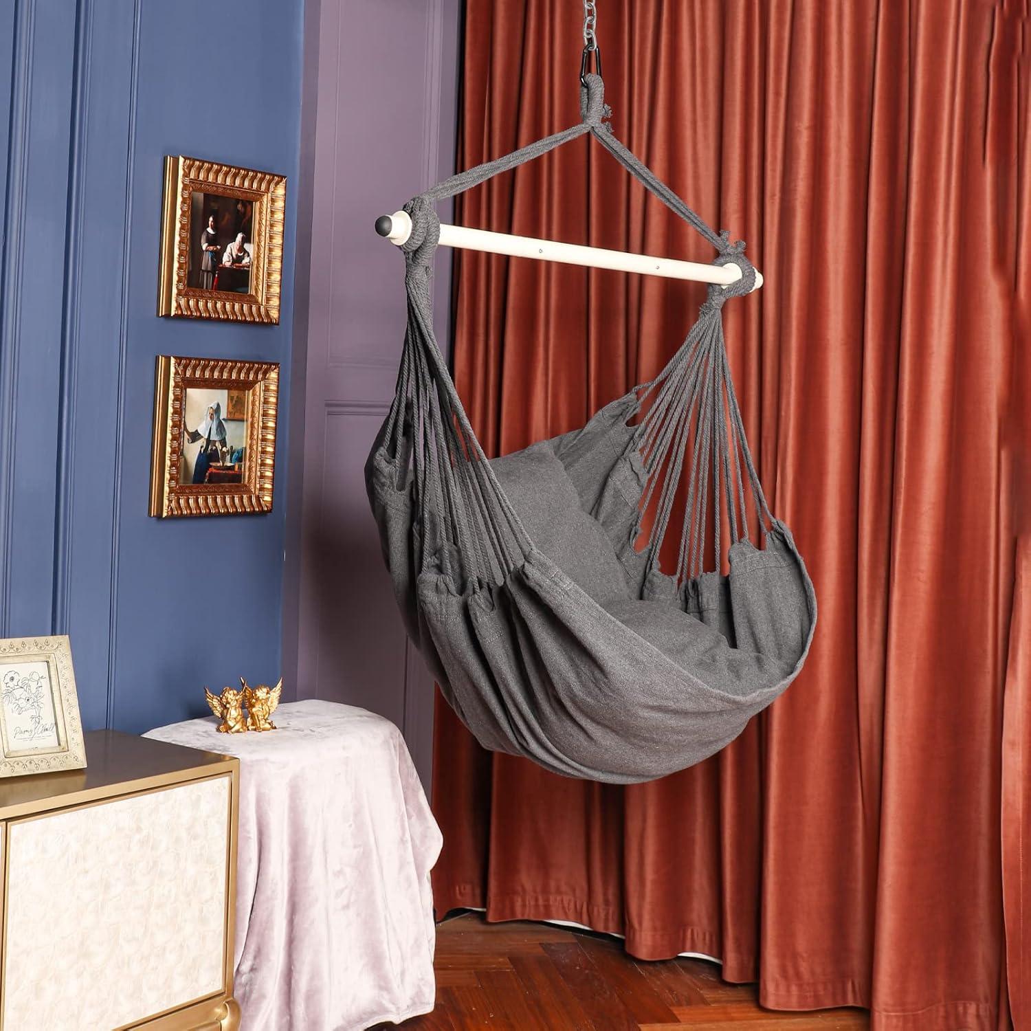 Gray Hanging Hammock Chair with Cushions and Steel Bar