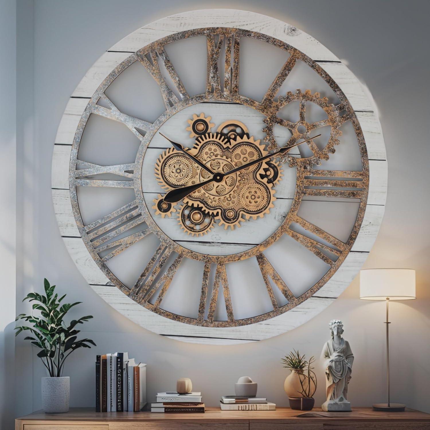 The Gears Clock Wall Clock 36" Round Oversized for Living Room decor with Real Moving Gears America Collection