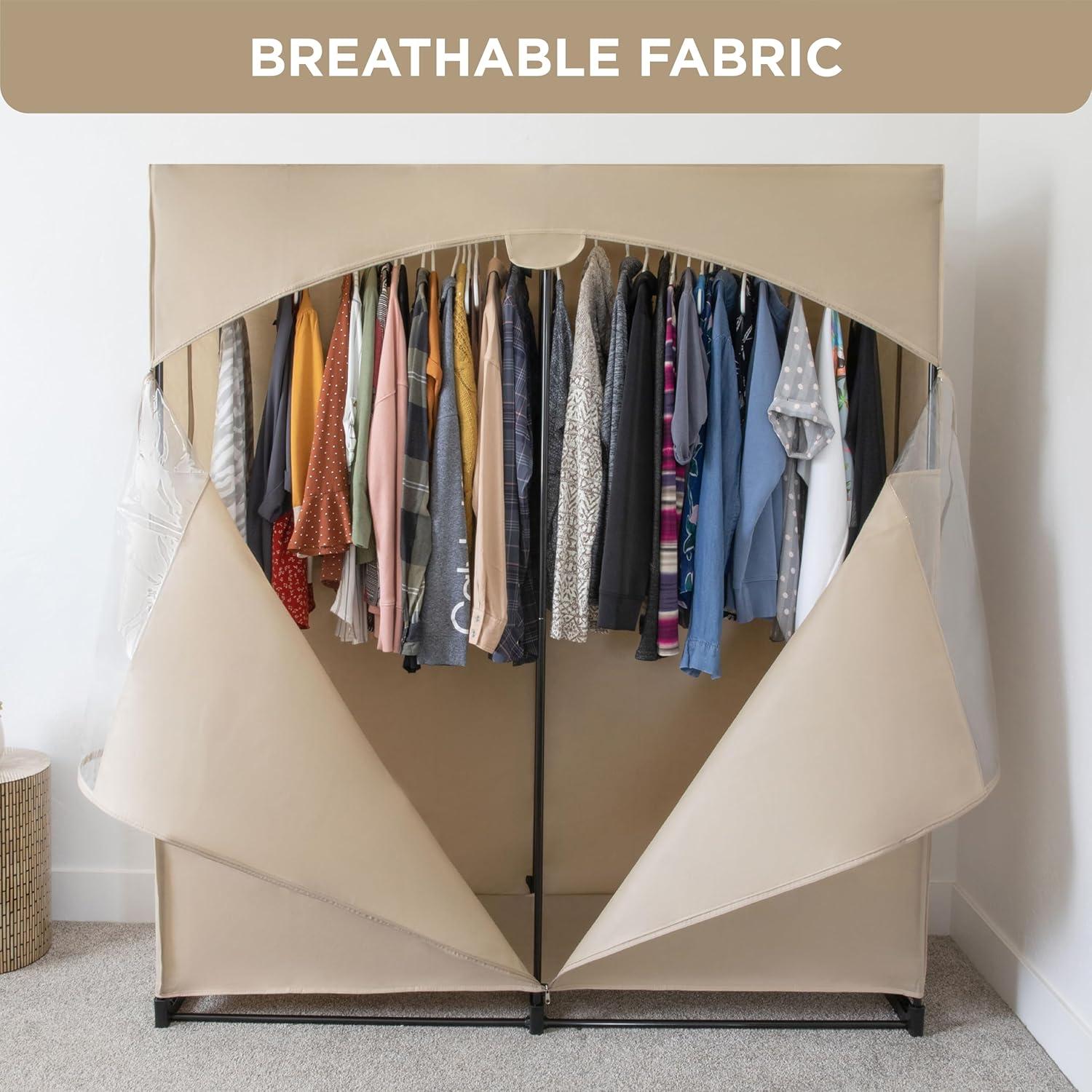 HOLDN’ STORAGE Portable Wardrobe Closet, Large - Premium Heavy Duty Metal Hanging Rod with Black Cover- 50 Lb. Weight Capacity- Super Easy Assembly, No Tools Required