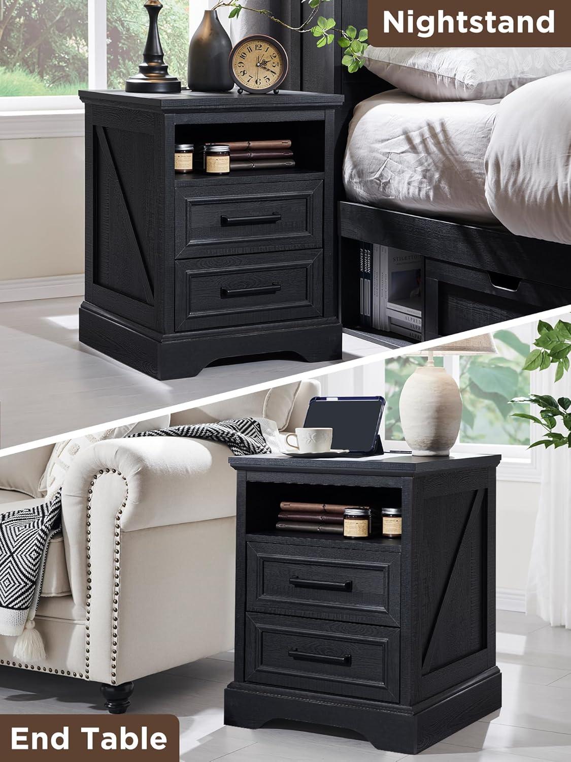 Black Farmhouse 18" Nightstand with Charging Station and 2 Drawers