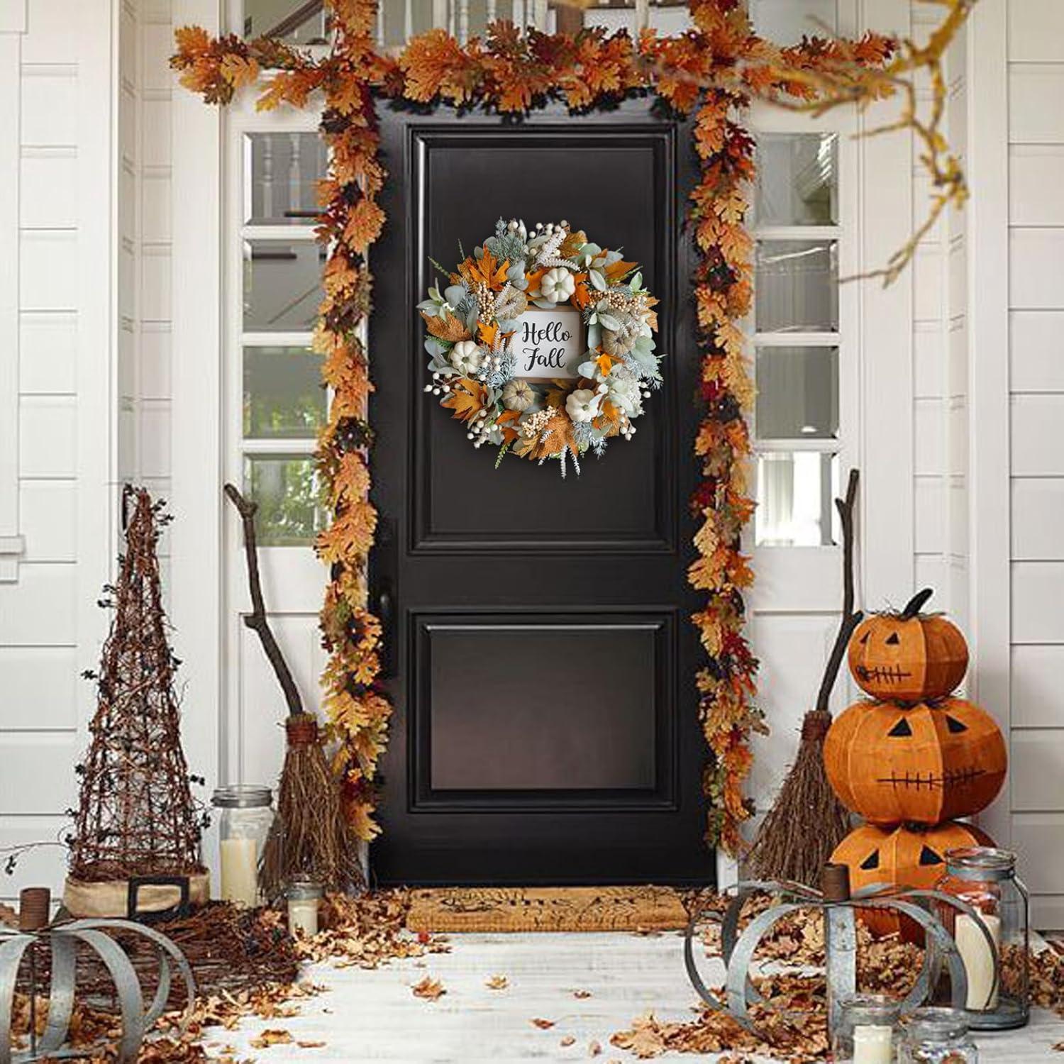 20-Inch Eucalyptus and Pumpkin Fall Wreath for Front Door