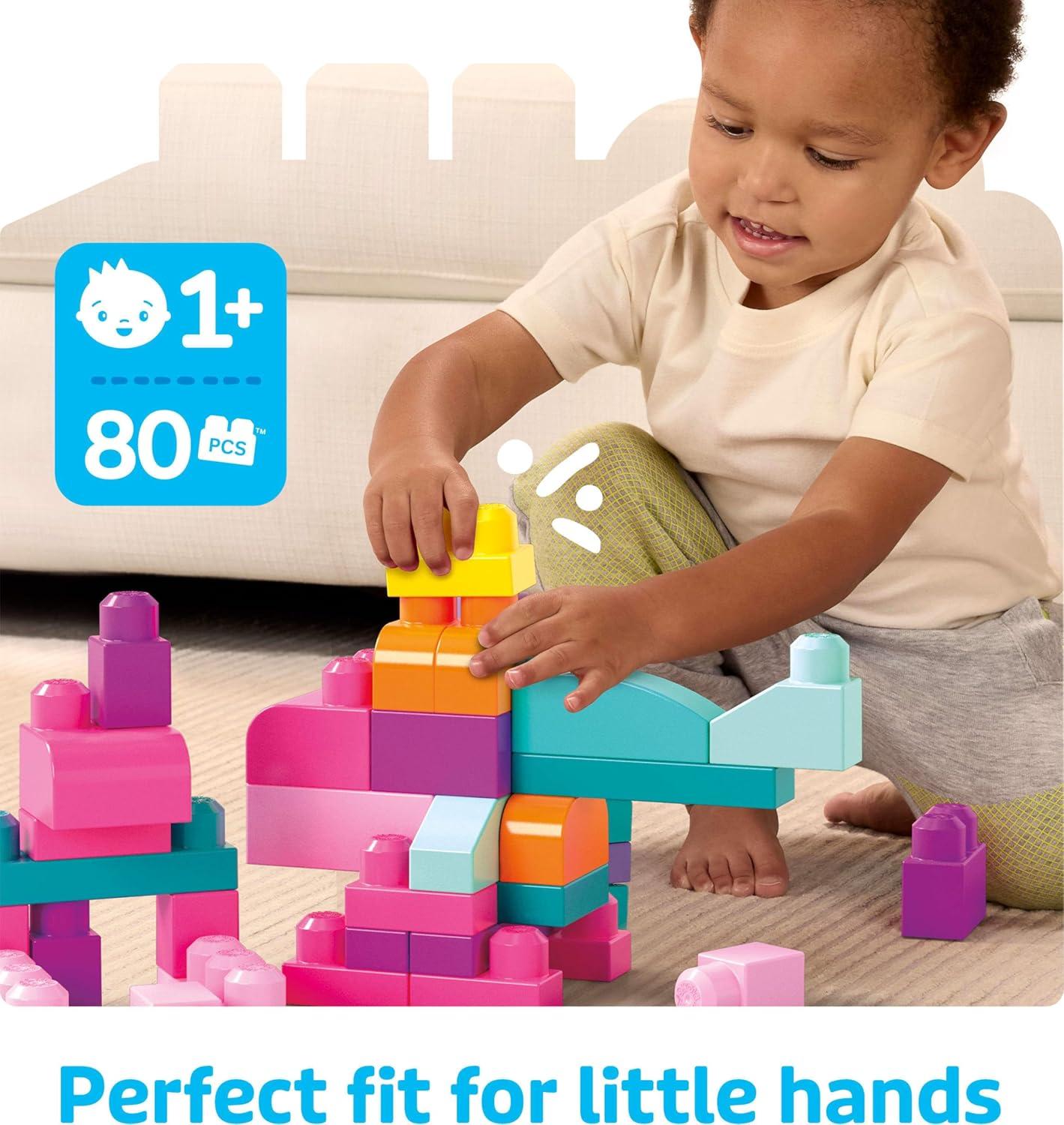 MEGA BLOKS Fisher-Price Toy Blocks Big Building Bag with Storage (80 Pieces) for Toddler, Pink