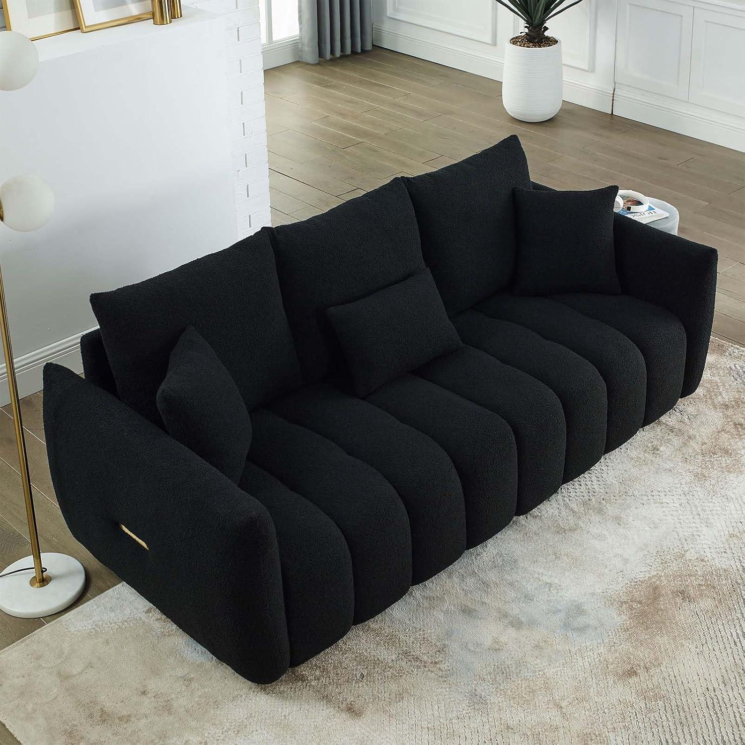 82'' Black Velvet Upholstered Modern Sofa with Pillows