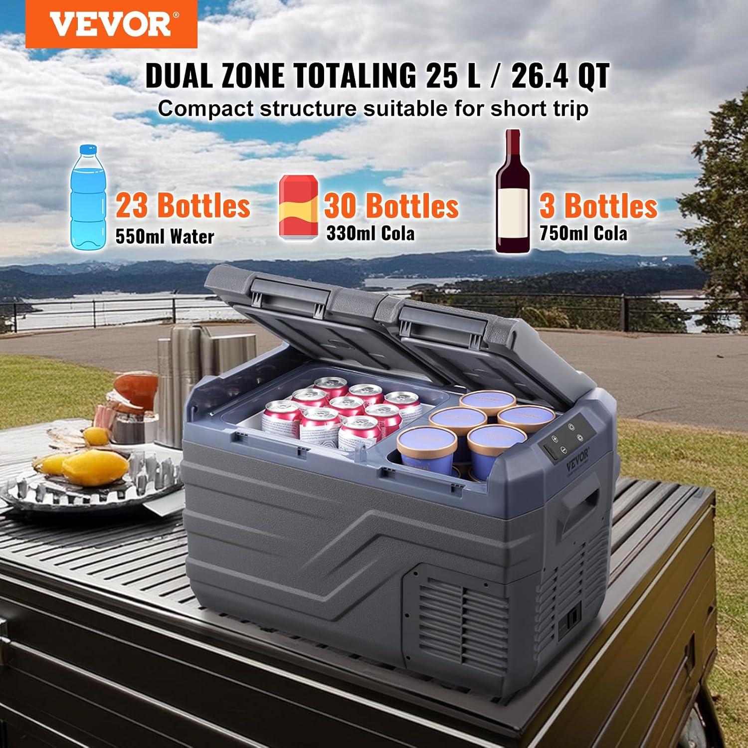 Vevor 25L Dual Zone Portable Car Refrigerator Freezer in Gray