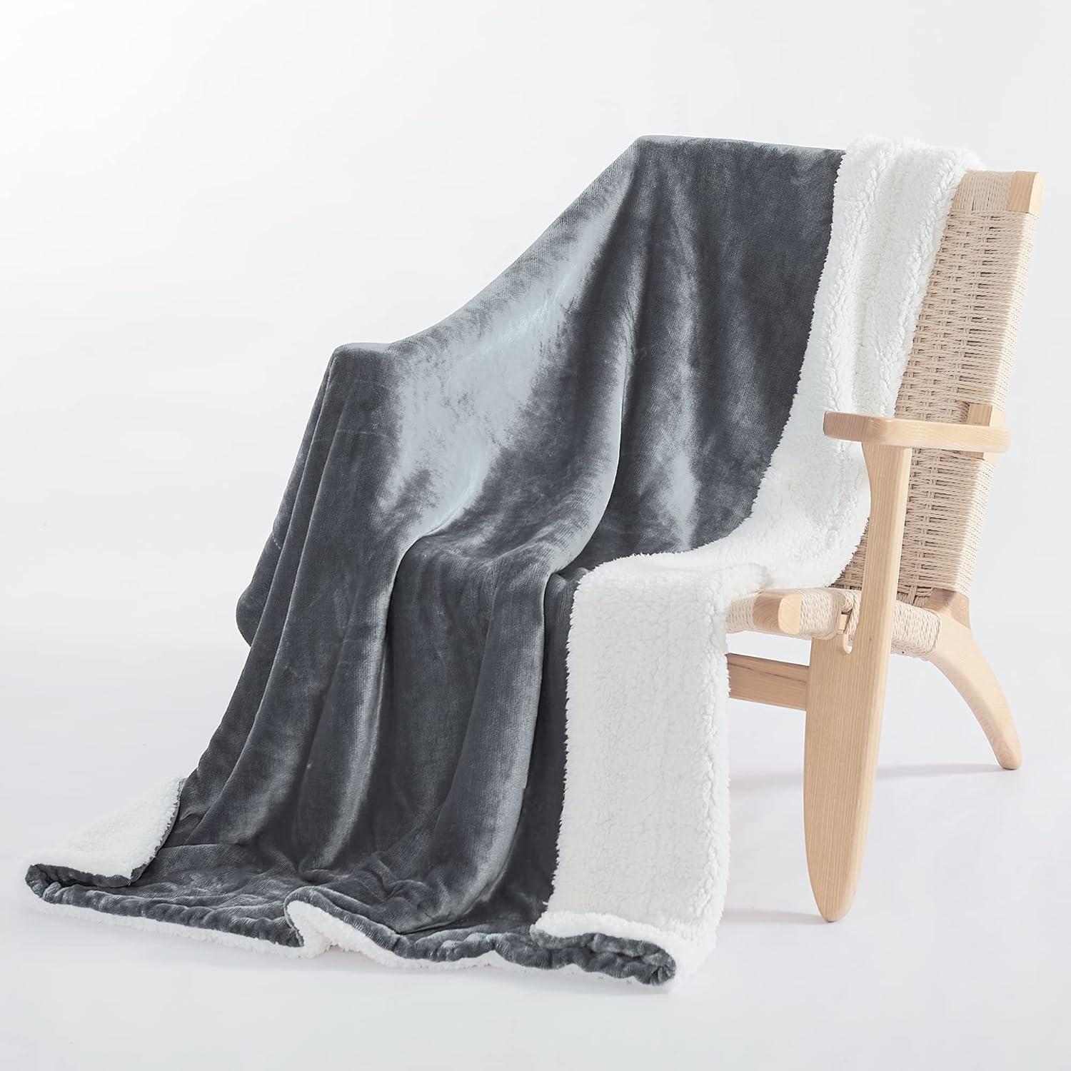 Dark Grey Reversible Sherpa Fleece Throw Blanket