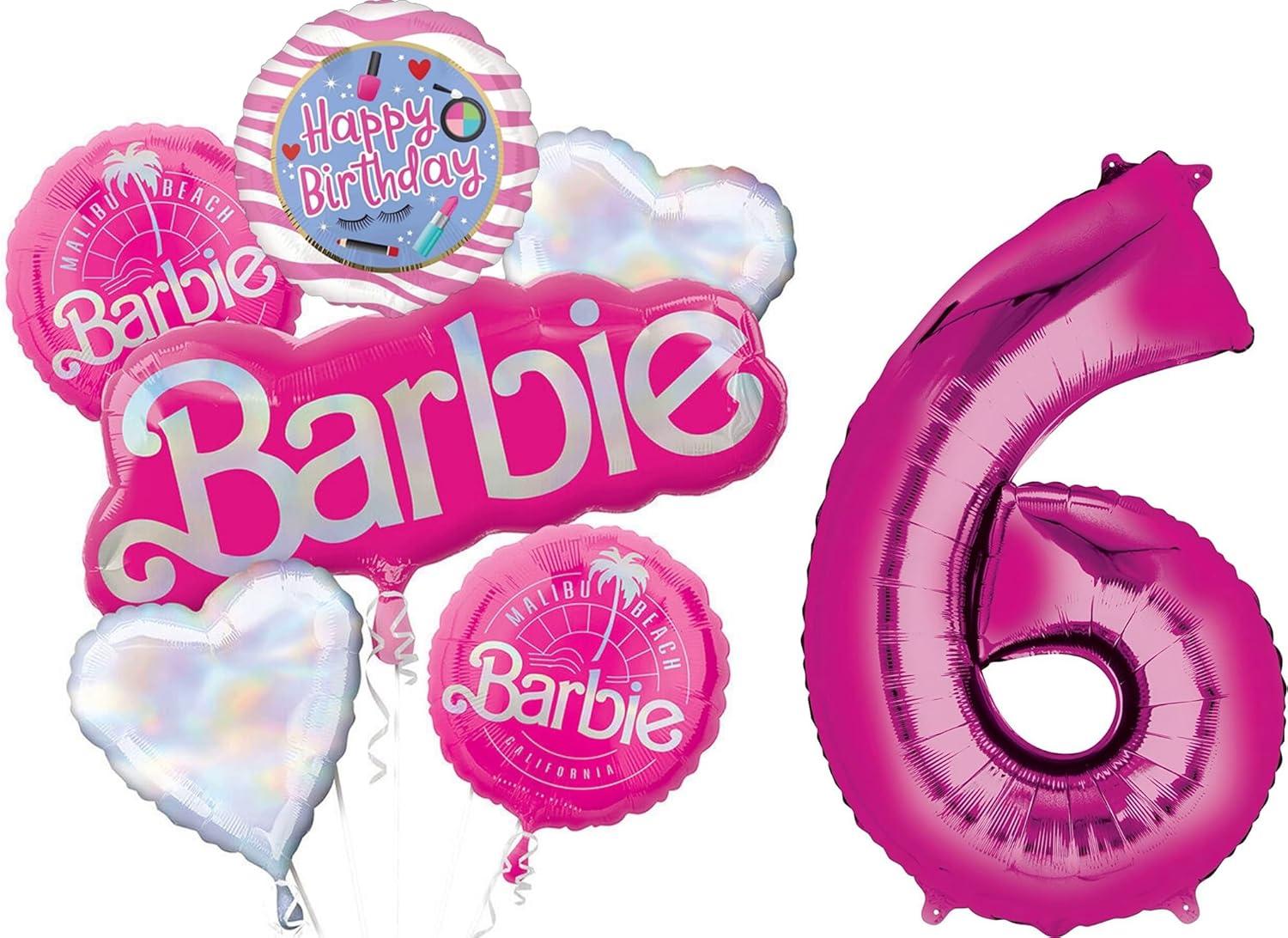 Pink and Iridescent Barbie 6th Birthday Foil Balloon Set