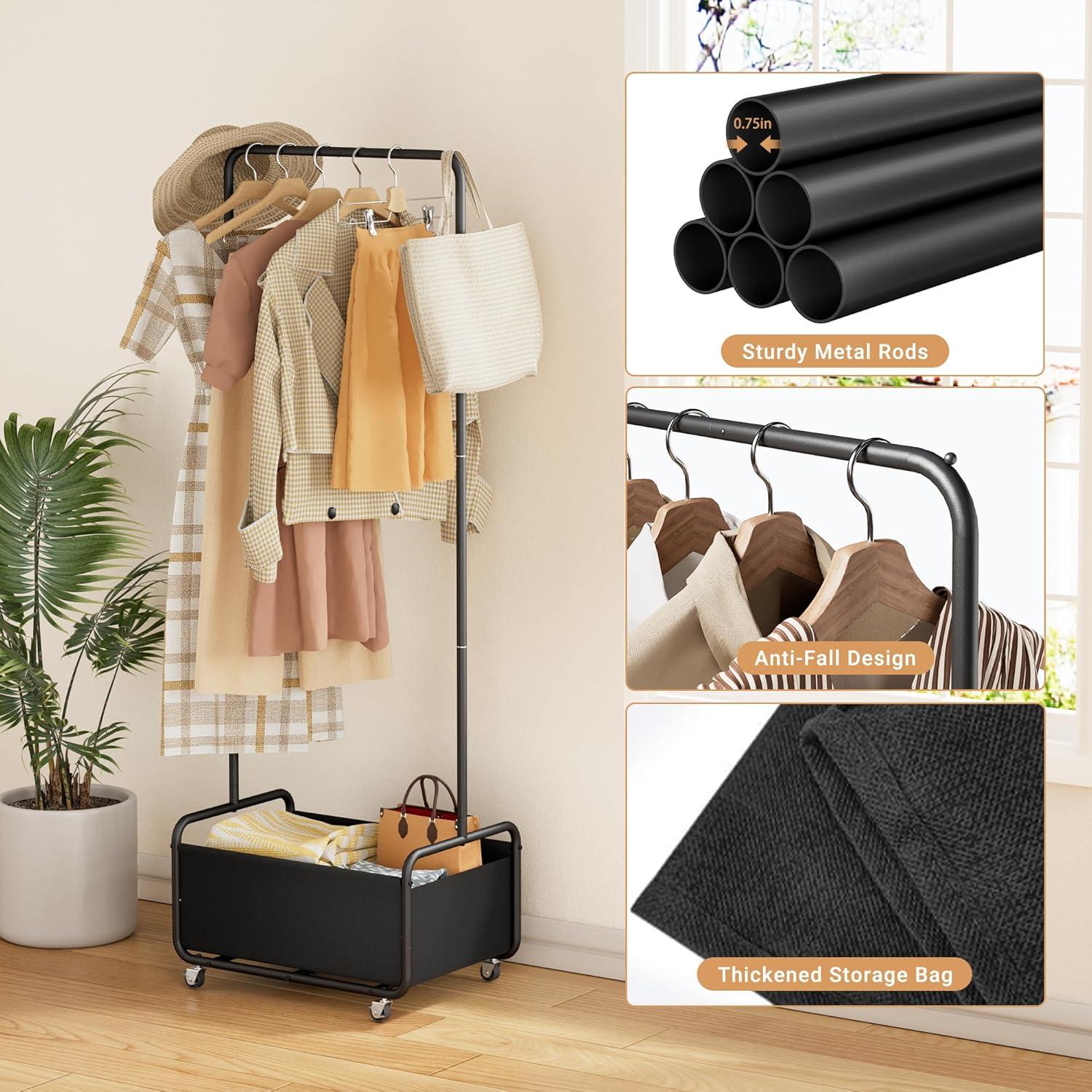 Black Metal Freestanding Portable Clothes Rack with Basket