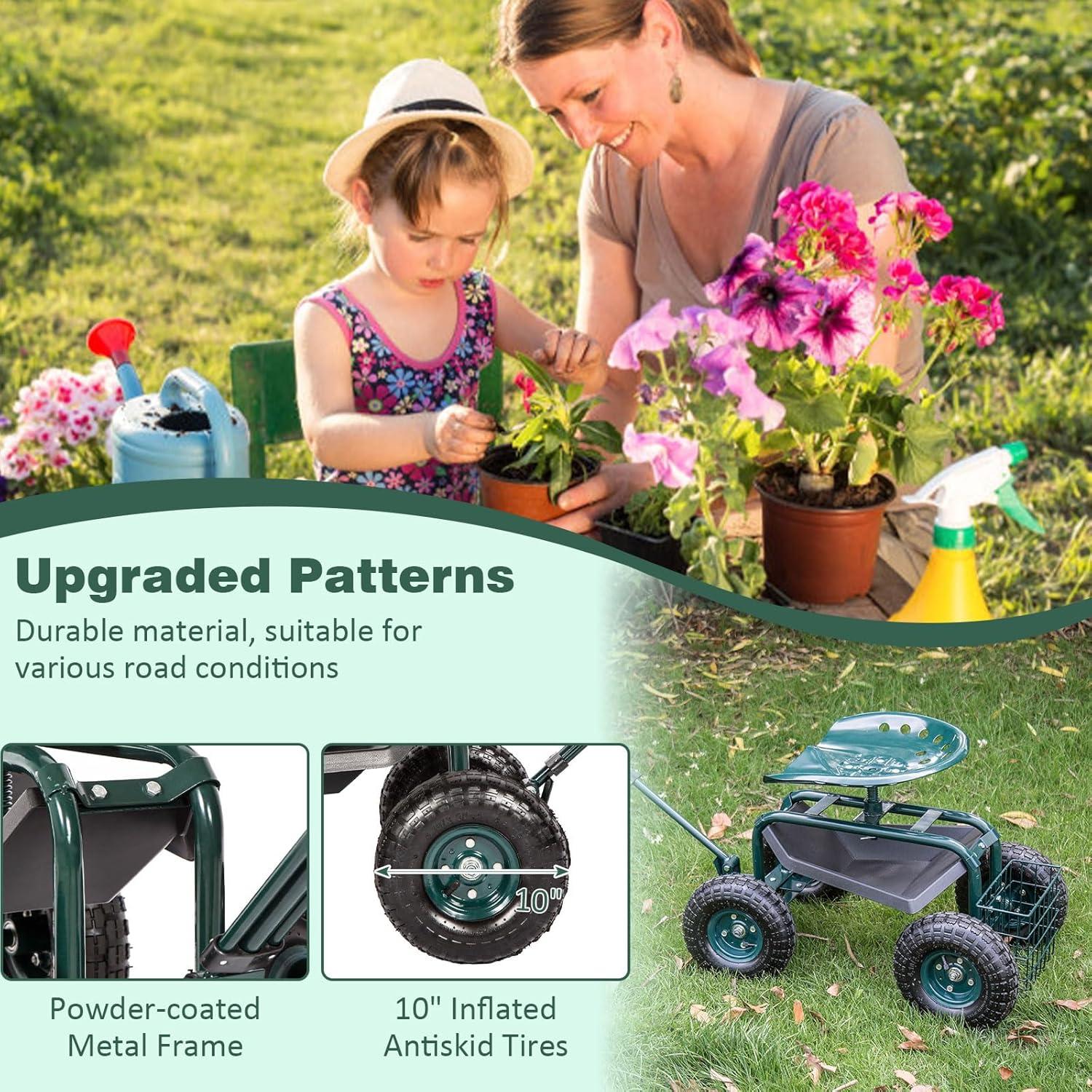 Rolling Garden Cart Scooter Stool - Garden Seat with Wheels Garden Cart with Seat, Adjustable Handle 360 Degree Swivel (Green)