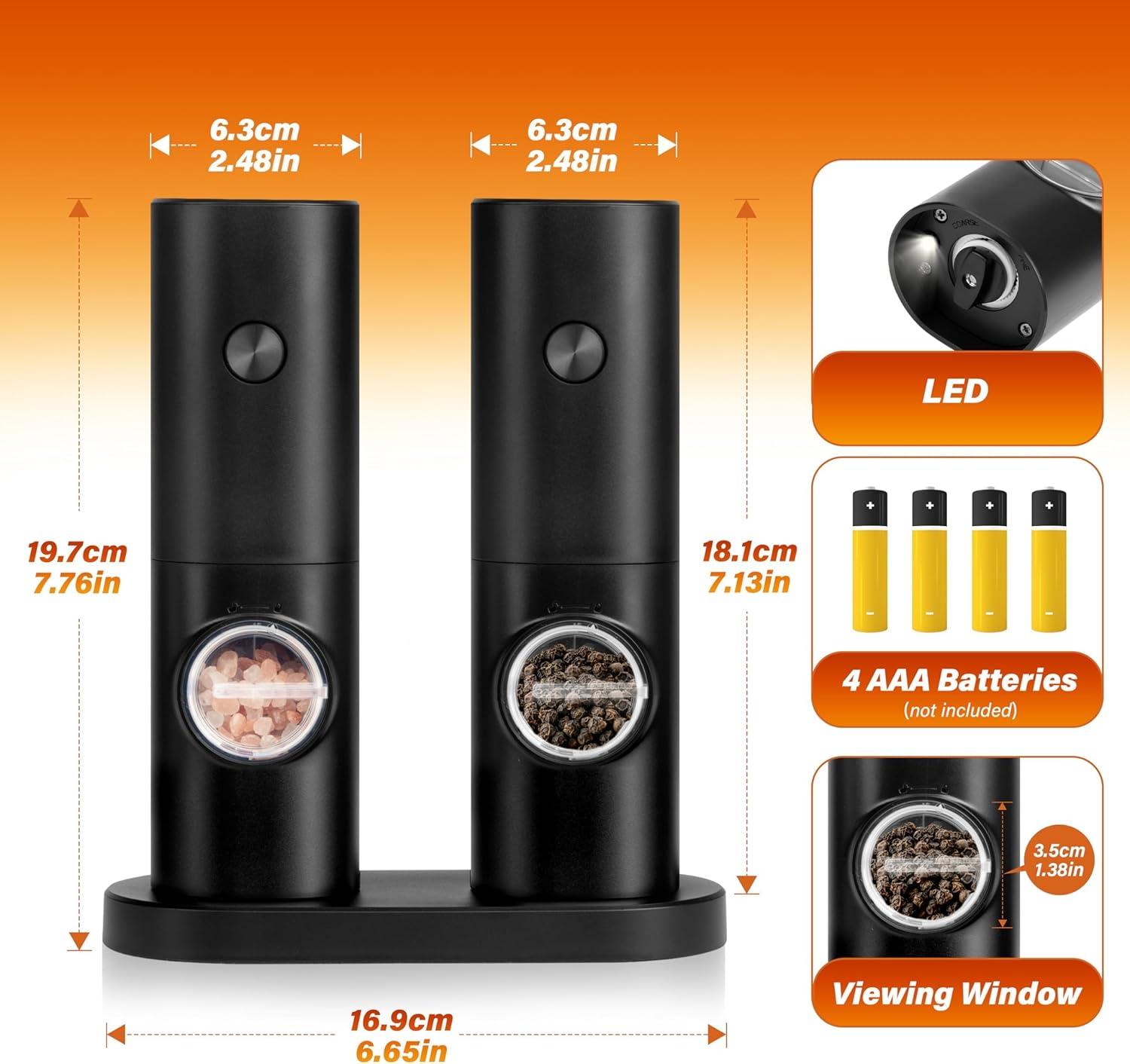 Simple Deluxe Electric Salt and Pepper Grinder Set, One Hand Adjustable Coarseness, Battery Powered, Seasoning Tools for Kitchen, Dining or Gifts, Black