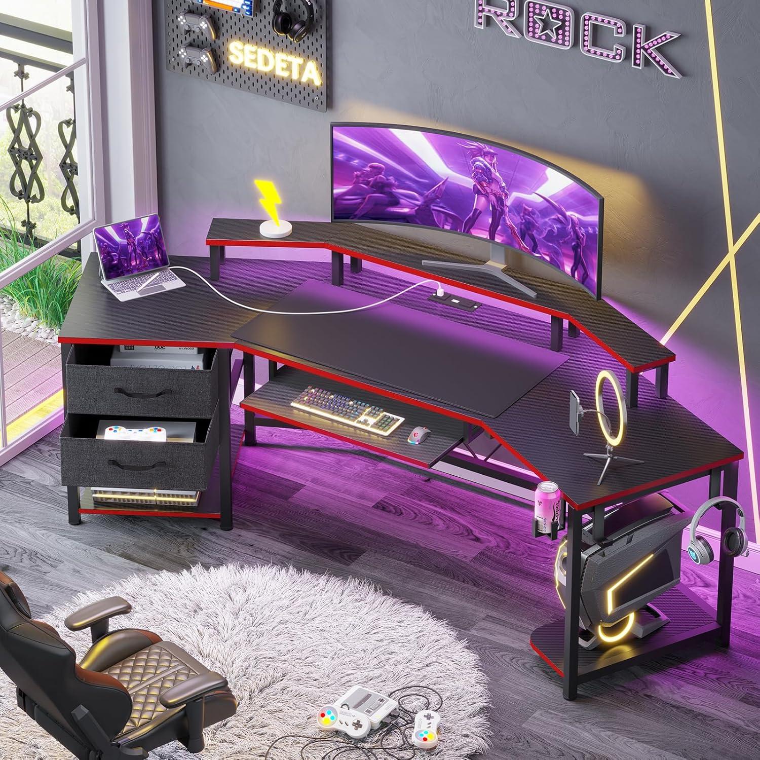 79" Gaming Desk, Computer Desk with 2 Fabric Drawers & LED Light, L Shaped Gaming Desk with Storage Shelf for Home Office, Carbon Fiber Black&Red