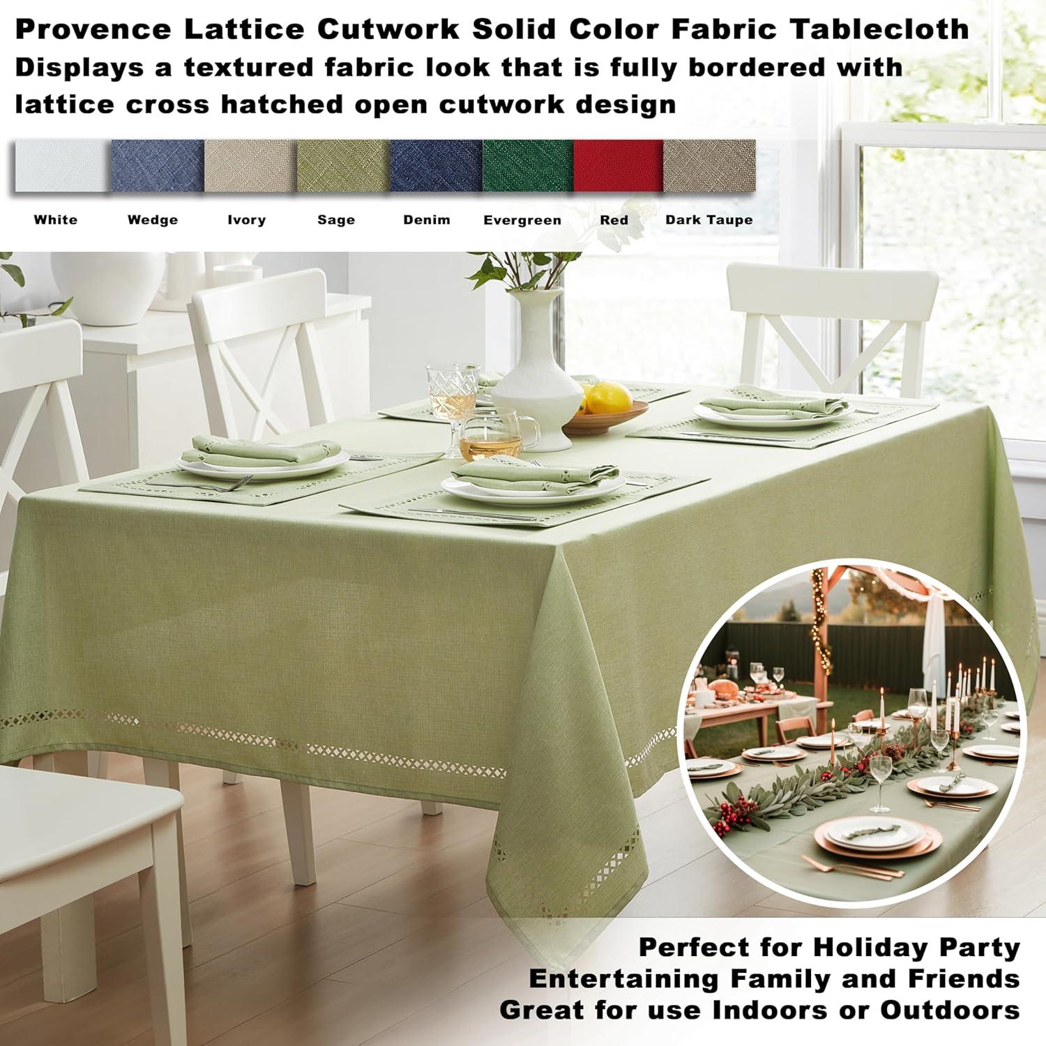 Newbridge Fabric Rectangle Tablecloth, 60 x 144 Inch, Provence Lattice Cutwork Solid Color Textured, Water and Stain Resistant Easy Care Fabric Table Cloth for Spring Parties, Sage Green