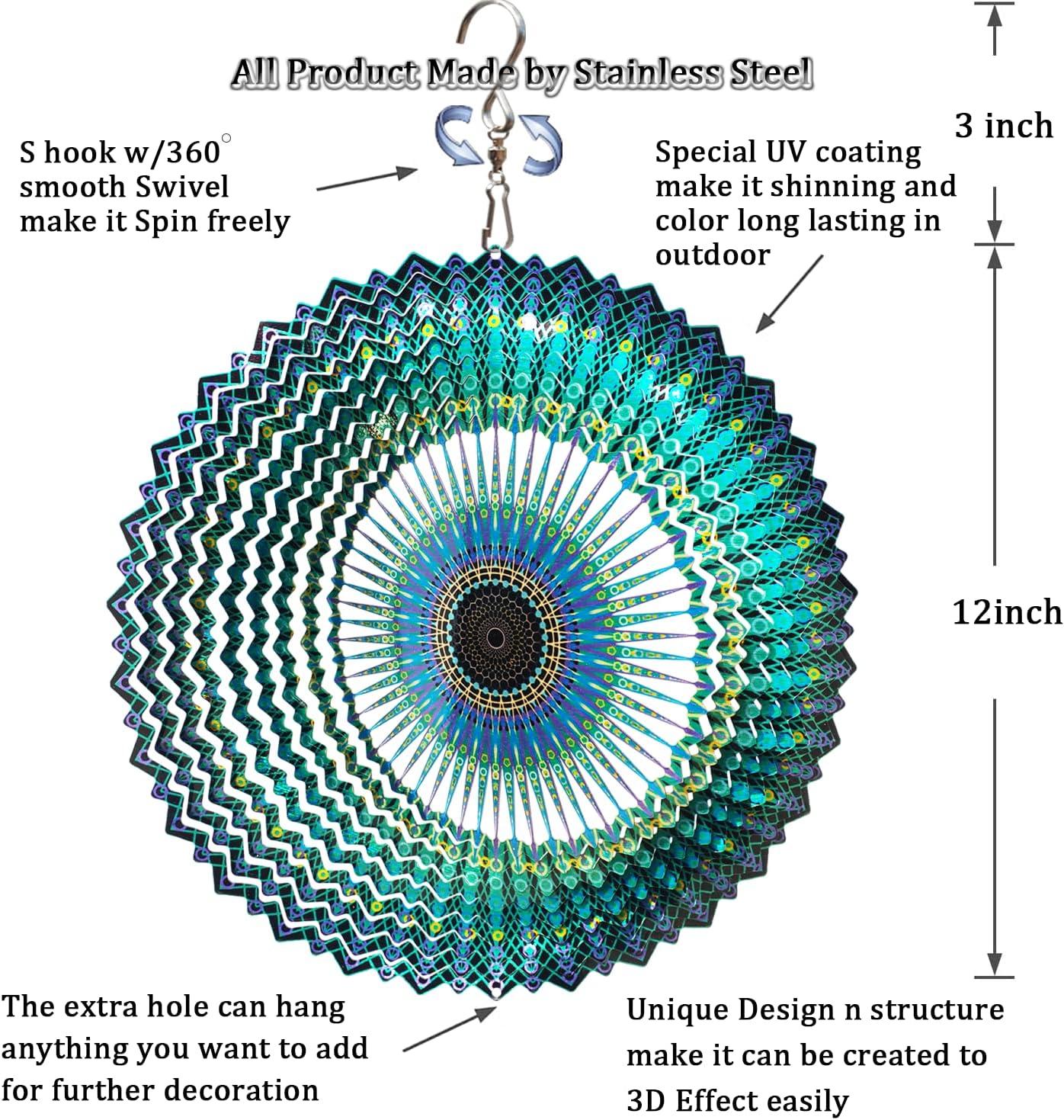 12-Inch Blue and Green 3D Stainless Steel Mandala Wind Spinner