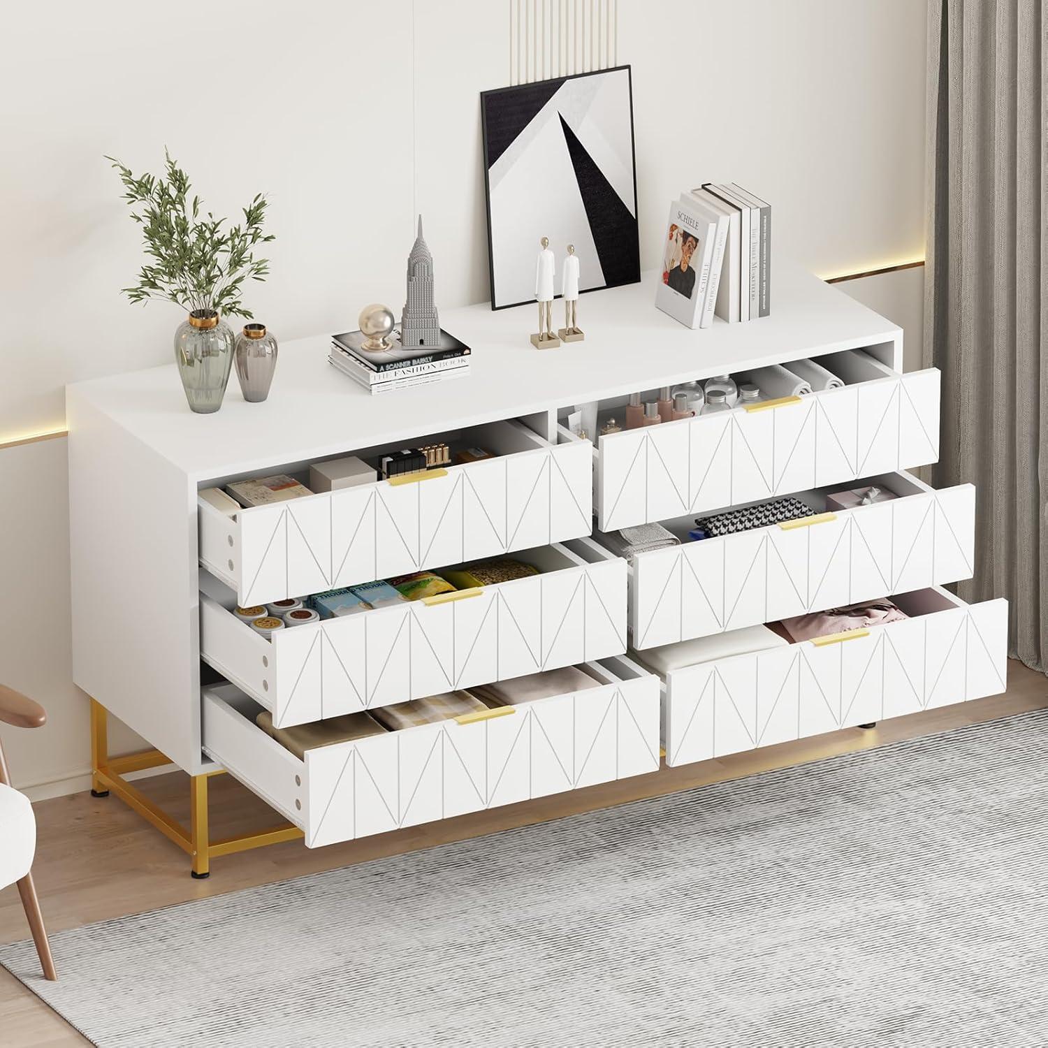 Towallmark Dresser for Bedroom, 6 Drawer Dresser with Metal Legs, Wood Dresser Chest Organizer with Wide Storage, Modern Chest of Drawers for Bedroom, Living Room, Hallway，White