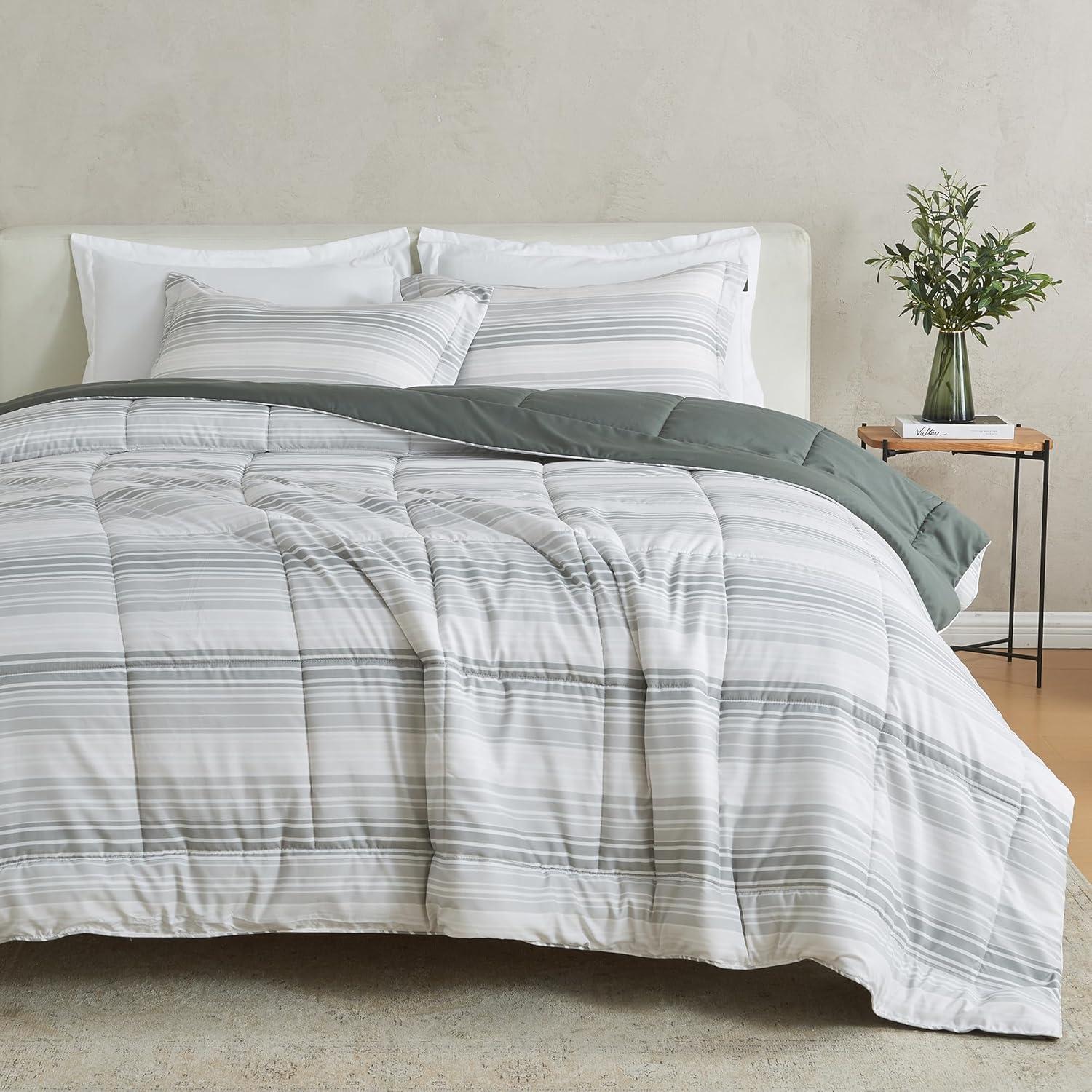 Twin XL Grey Gradient Stripe Reversible Microfiber Comforter Set