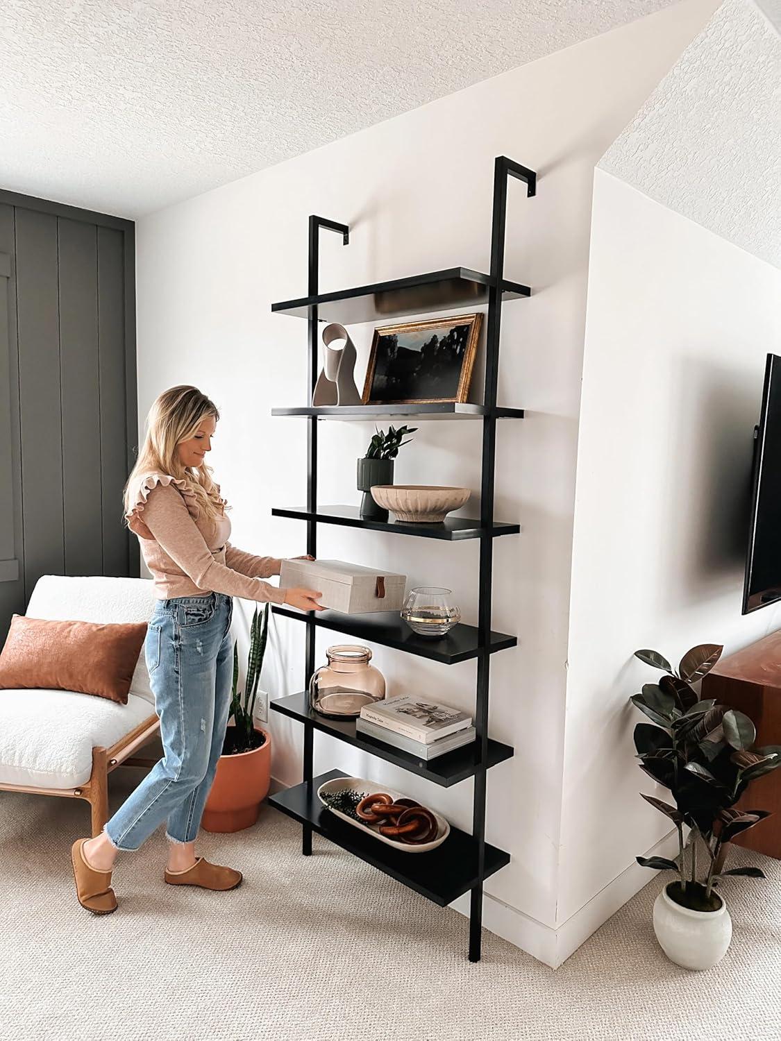 Nathan James 85" Theo 6 Shelves Wall Mounted Bookcase Matte Black: Sleek Design, Home Office Storage