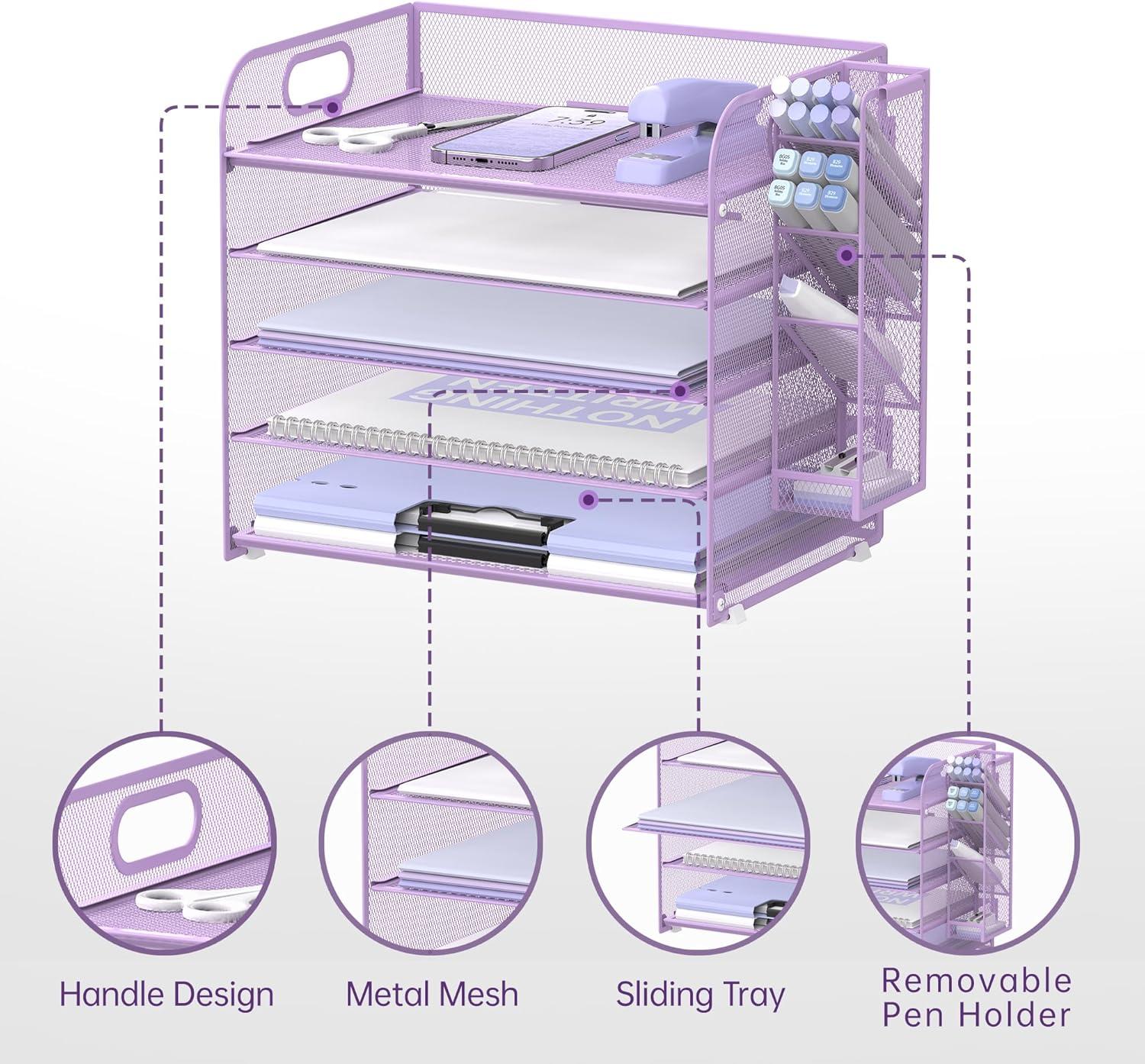 Marbrasse Paper Organizer Letter Tray, 5 Tier Mesh File Organizer with Handle, Paper Sorter Desk Organizer for Home Office Supplies - Purple