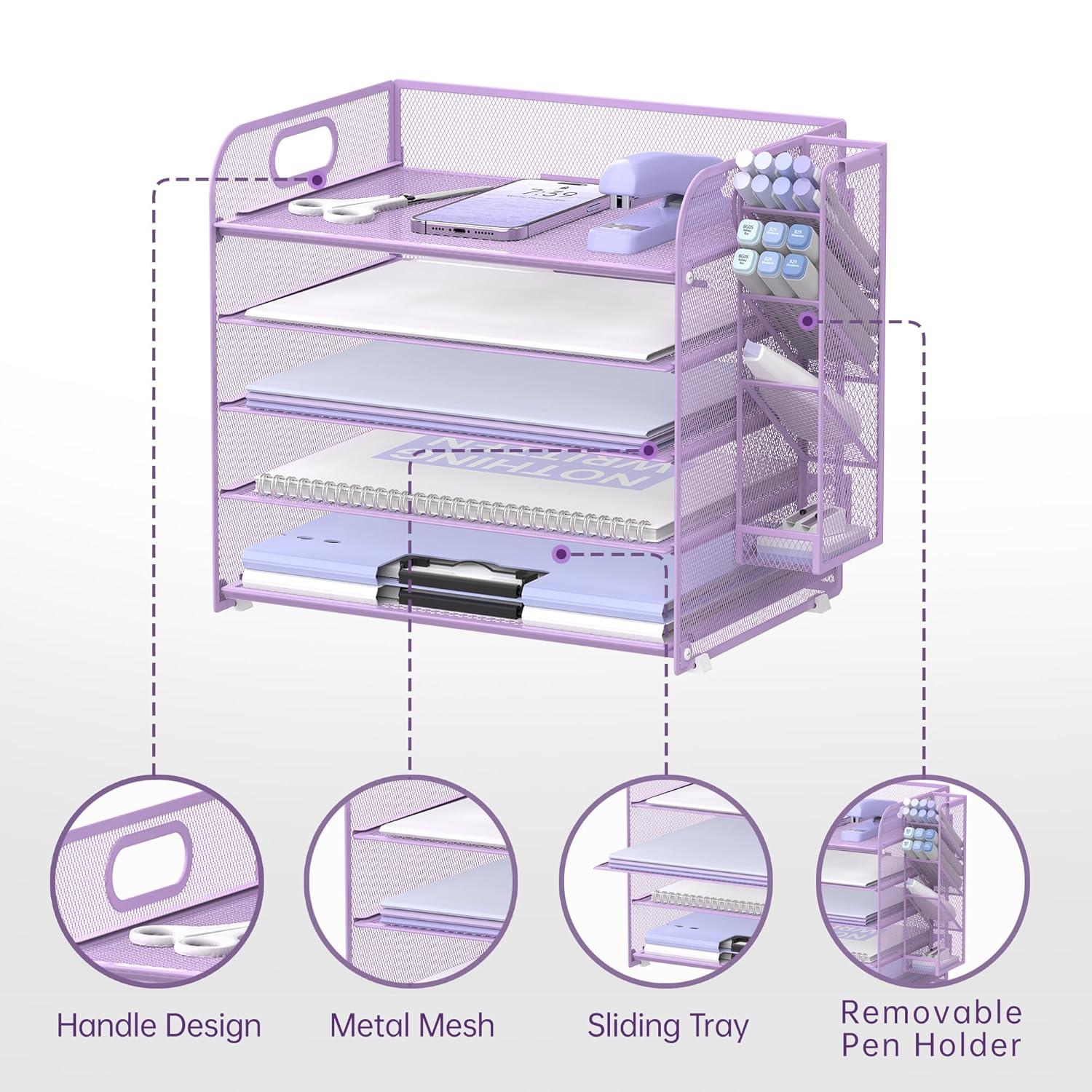 Marbrasse Paper Organizer Letter Tray, 5 Tier Mesh File Organizer with Handle, Paper Sorter Desk Organizer for Home Office Supplies - Purple