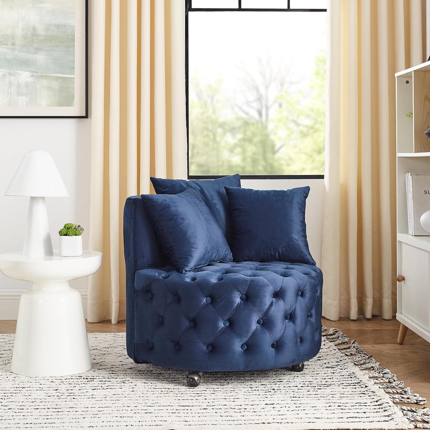 Velvet Upholstered Swivel Chair with 4 Universal Caster Wheels, Wooden Button Tufted Design Single Sofa Chair with 3 Pillows for Apartment, Office, Living Room & Bedroom (Blue)