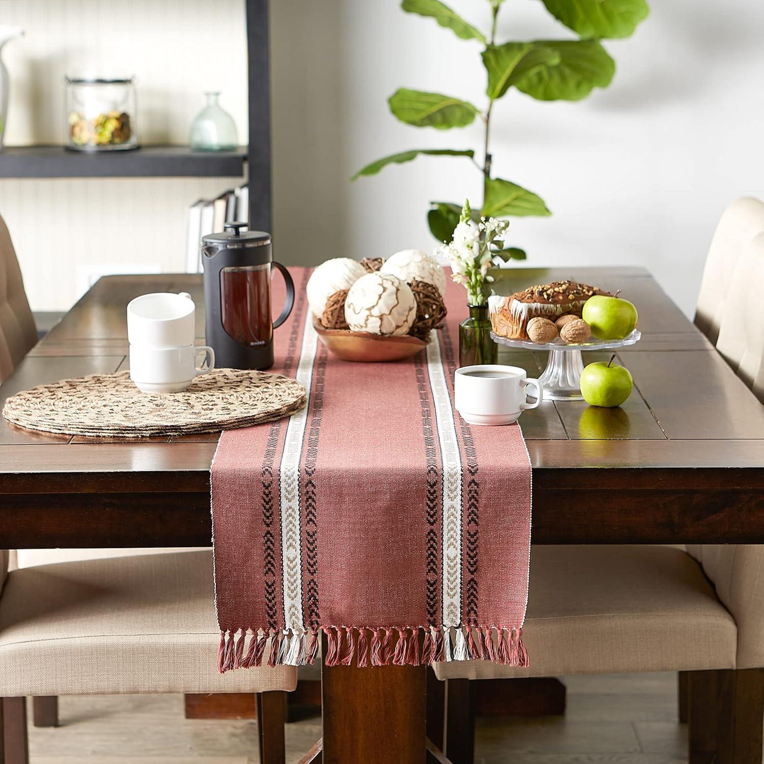 Clay and Black Cotton Striped Fringe Table Runner 14x72