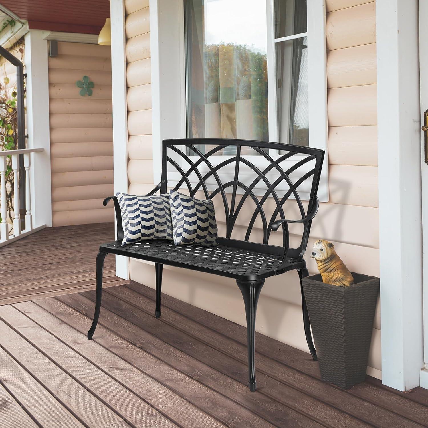 VINGLI 38" Outdoor Garden Orchid Bench, Black Cast Iron Cast Aluminium Solid Frame，Accented Yard Front Porch Patio Outside Park Decor Deck Furniture for 1-2 Person Seat