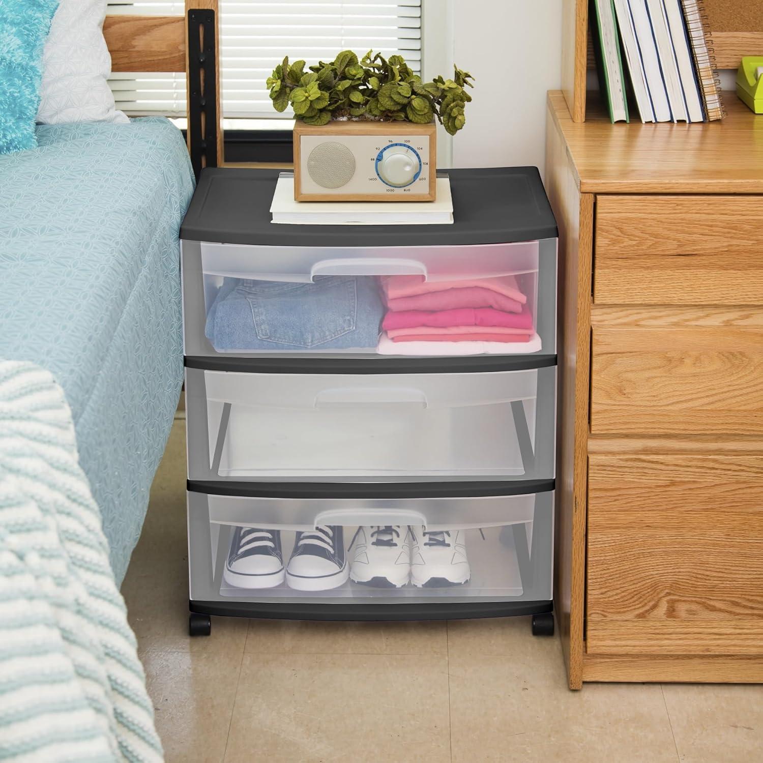 Black Plastic 3-Drawer Organizer Cart with Clear Drawers