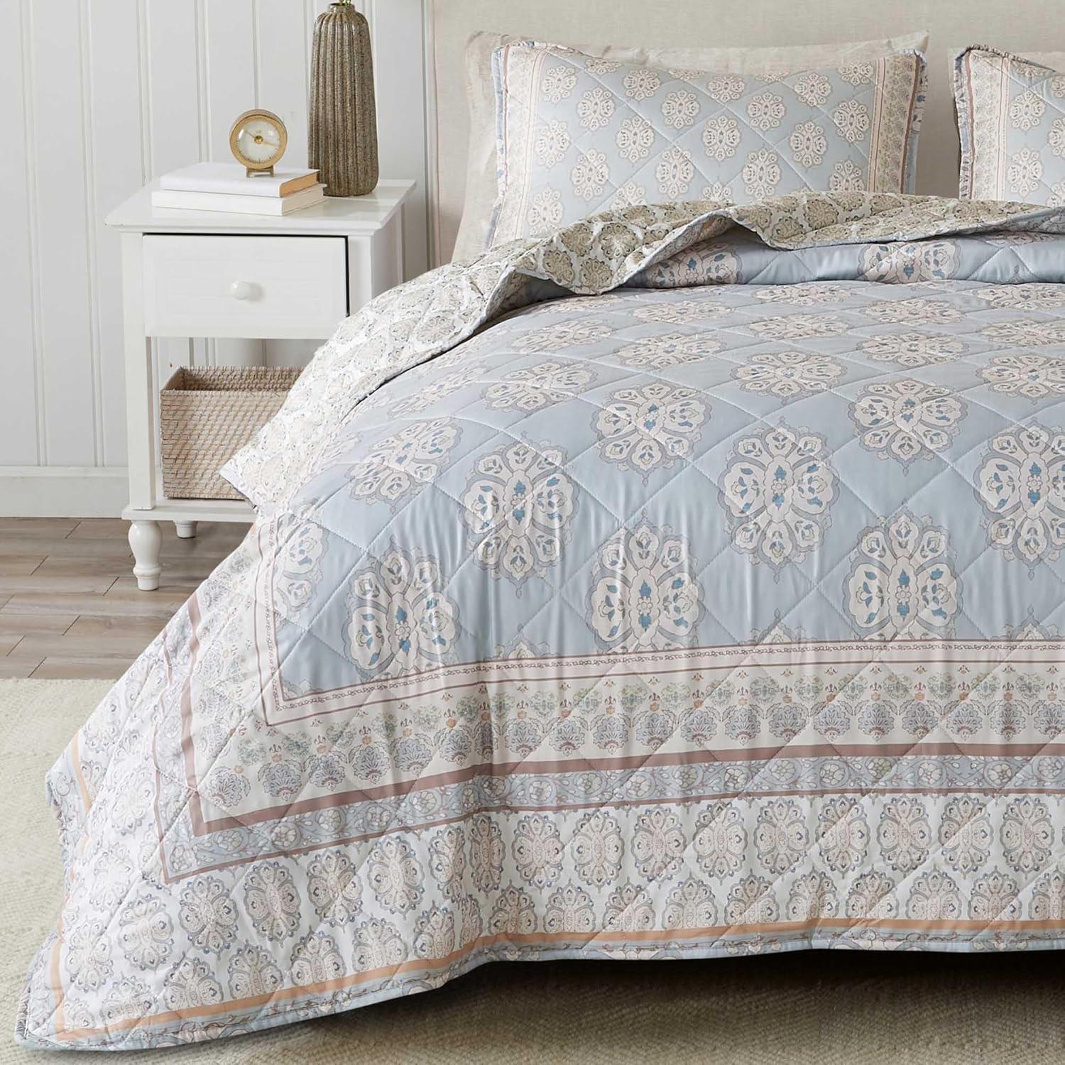 2pc Twin Printed Vintage Quilt Bedding Set Beige/Blue - Patina Vie: Reversible Damask Pattern, OEKO-TEX Certified
