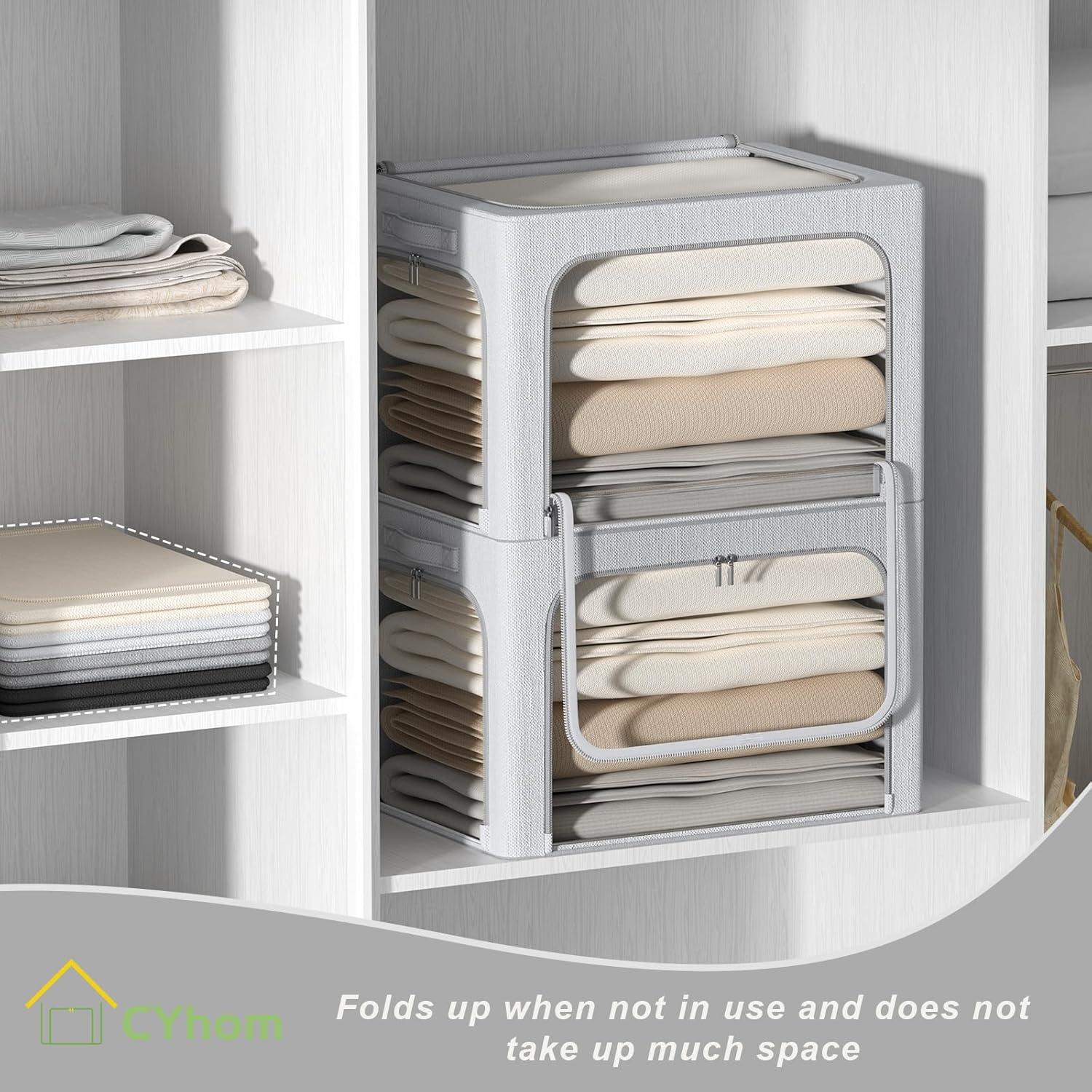 3 Openings Clothes Storage Bins With Metal Frame, Foldable Storage Bin For Clothes, Clothing Storage Bins With Lid, Linen Storage Box With Clear Window& Zippers& Durable Handles.(3 Pcs,Light Grey,40L)