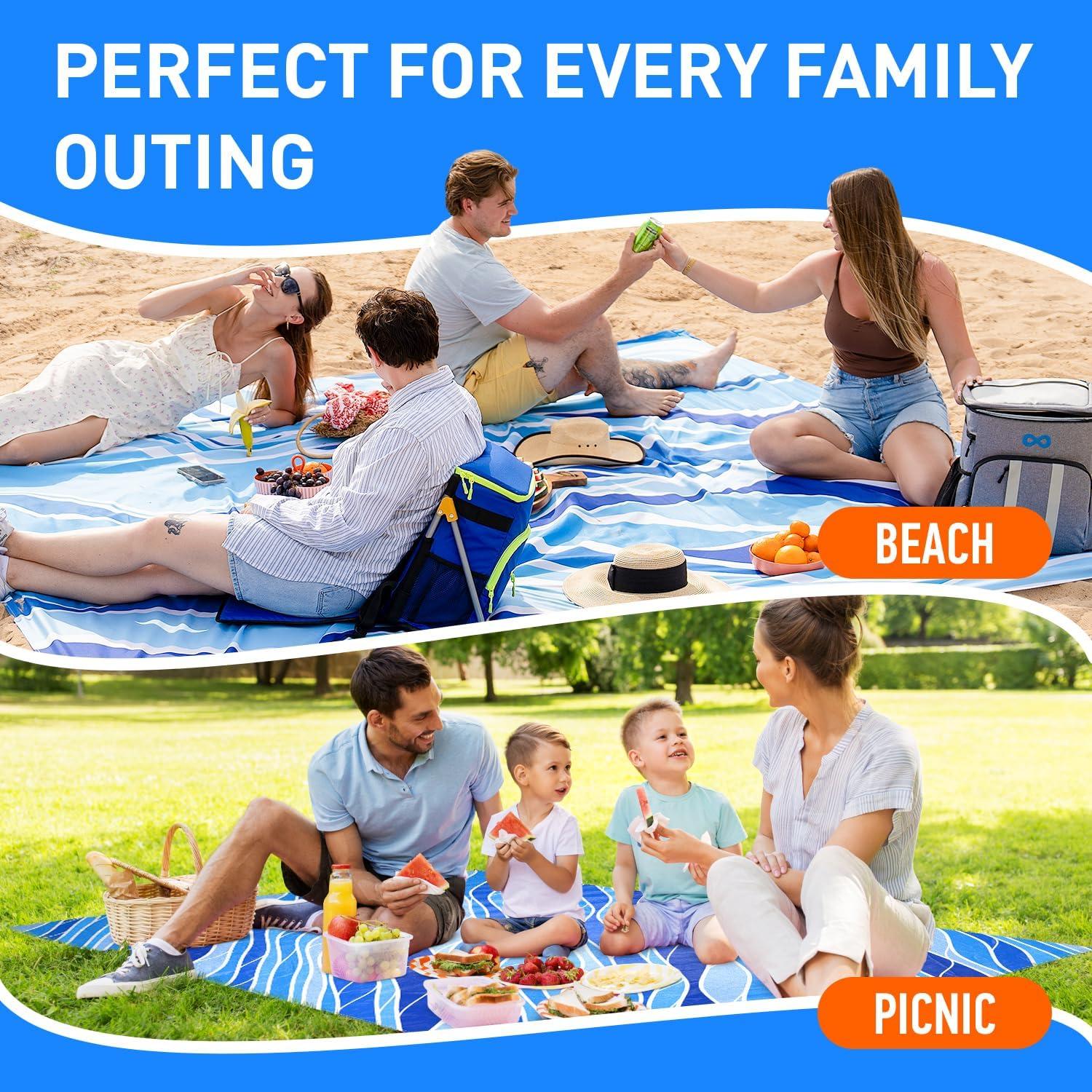 Everlasting Comfort 6-Person Beach Blanket, Oversized Extra Large Beach Mat, Tulum Blue