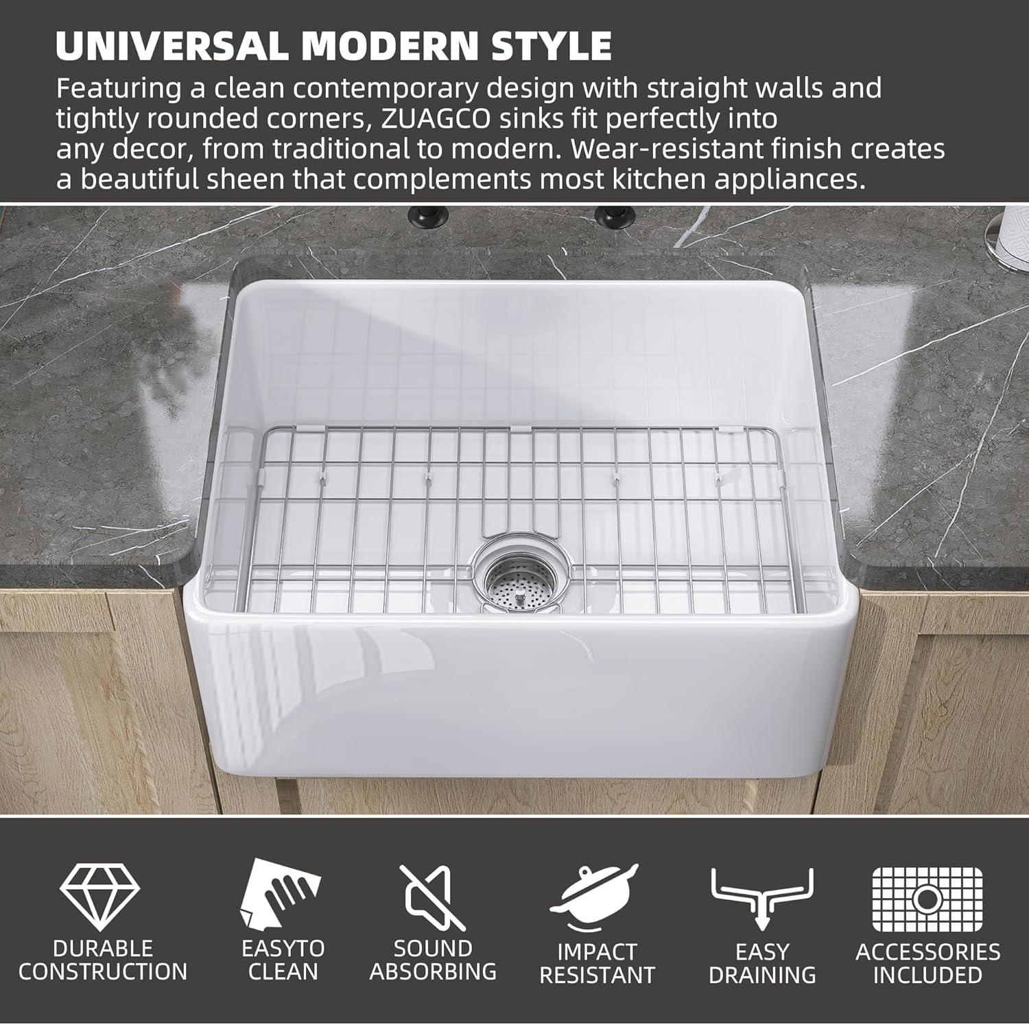 Small Farmhouse Sink 24 X18 White Fireclay Undermount Kitchen Sinks Deep Single Bowl Drop in Modern Apron Front Farm Sink For Kitchen with Protective Bottom Grid and Strainer