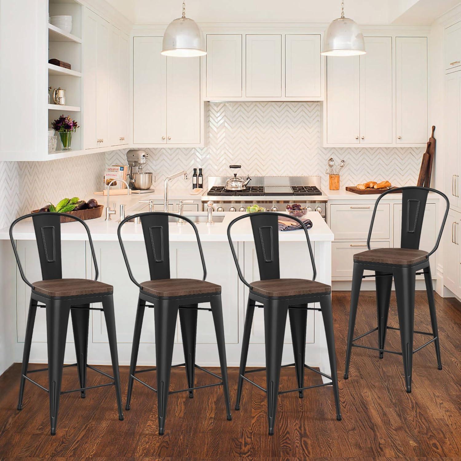 Black Metal Swivel Bar Stools with Wooden Seat, Set of 4