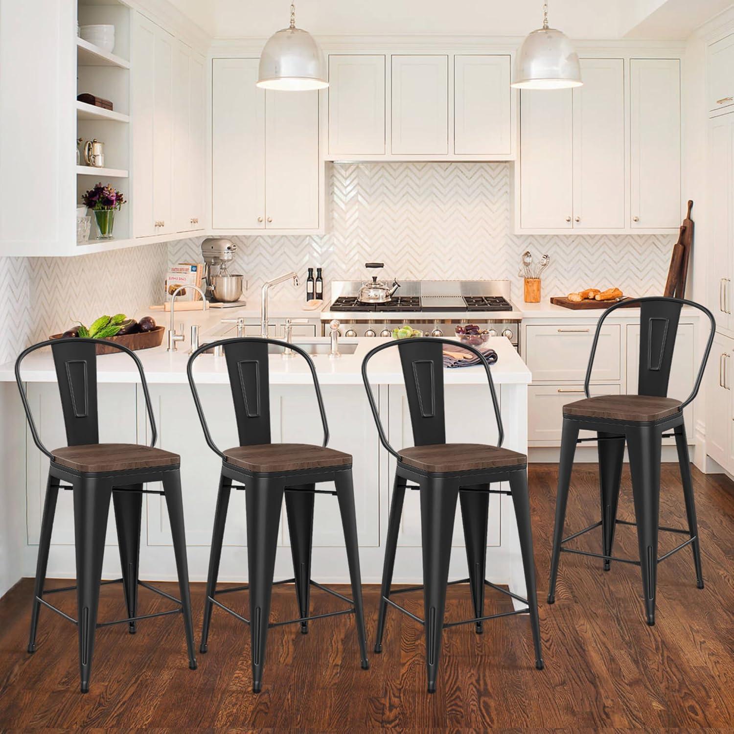 Andeworld Swivel Metal Bar Stools Set of 4 Counter Height Stools Counter Bar Stools with Back Swivel Metal Bar Chairs Wooded Seat 30 Inch Matte Black