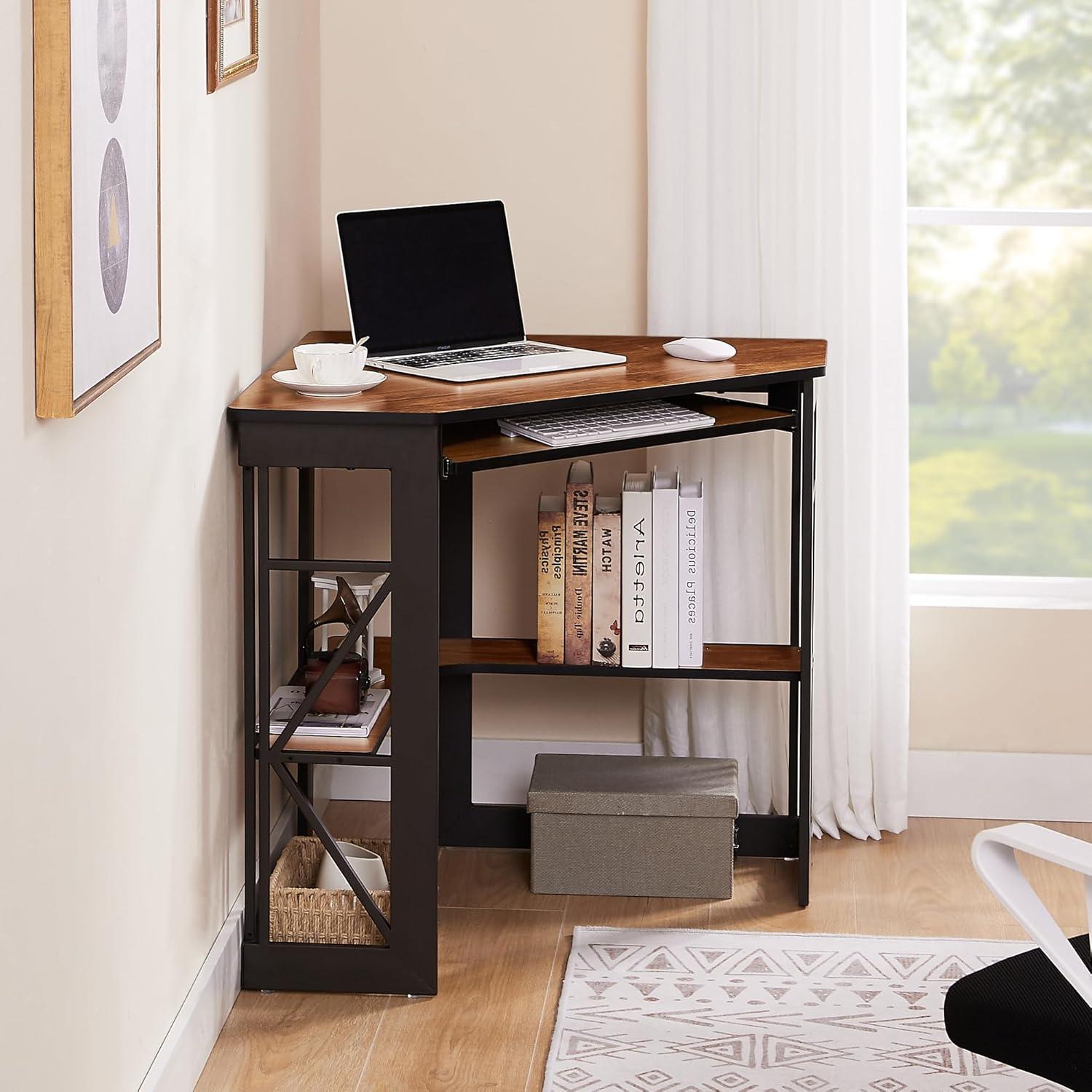 VECELO Corner Work/Writing, Compact Home Office Desk,with Smooth Keyboard Tray & Storage Shelves, Teakwood Brown