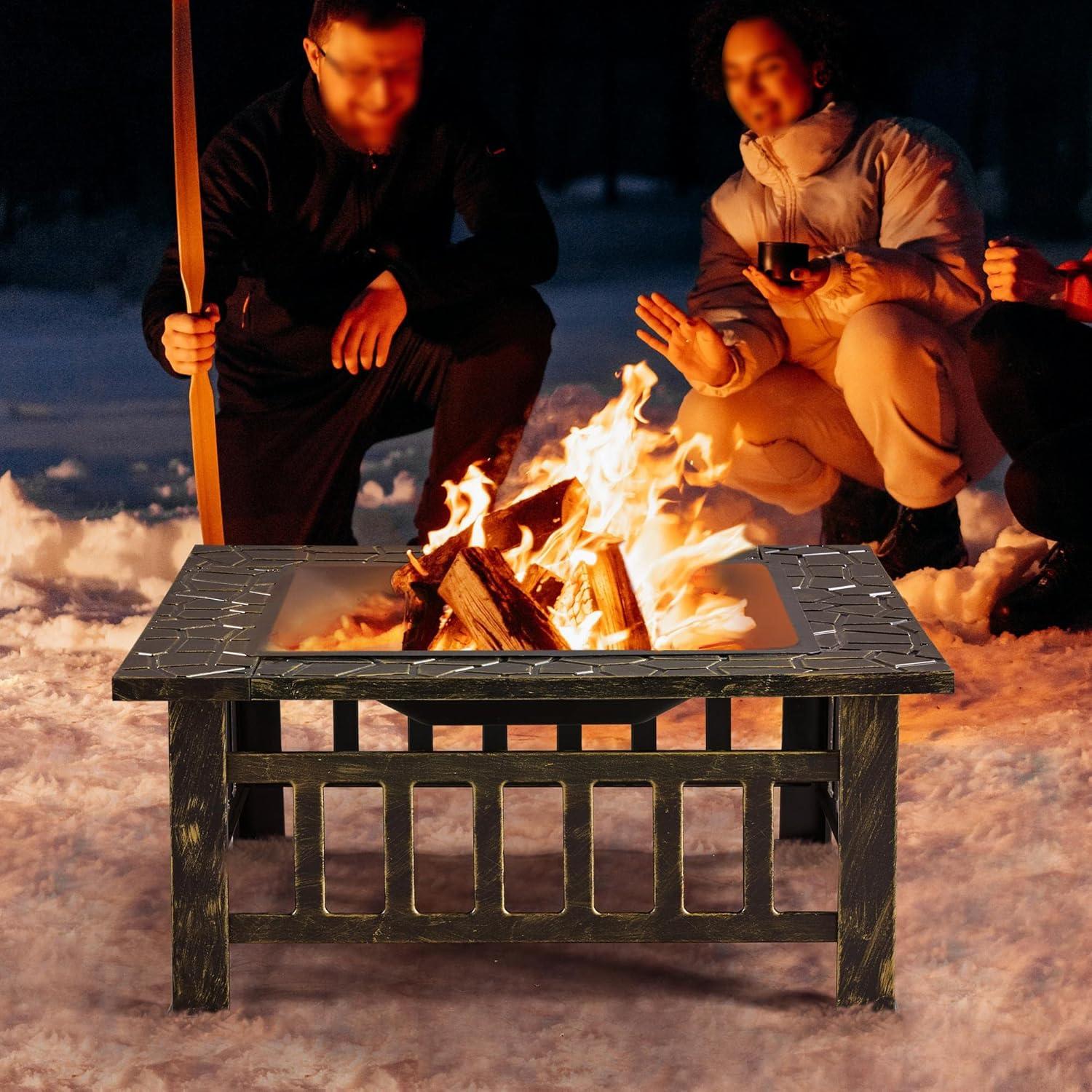 Topeakmart 32'' Outdoor Metal Square Fire Pit with Cover & Poker, Bronze