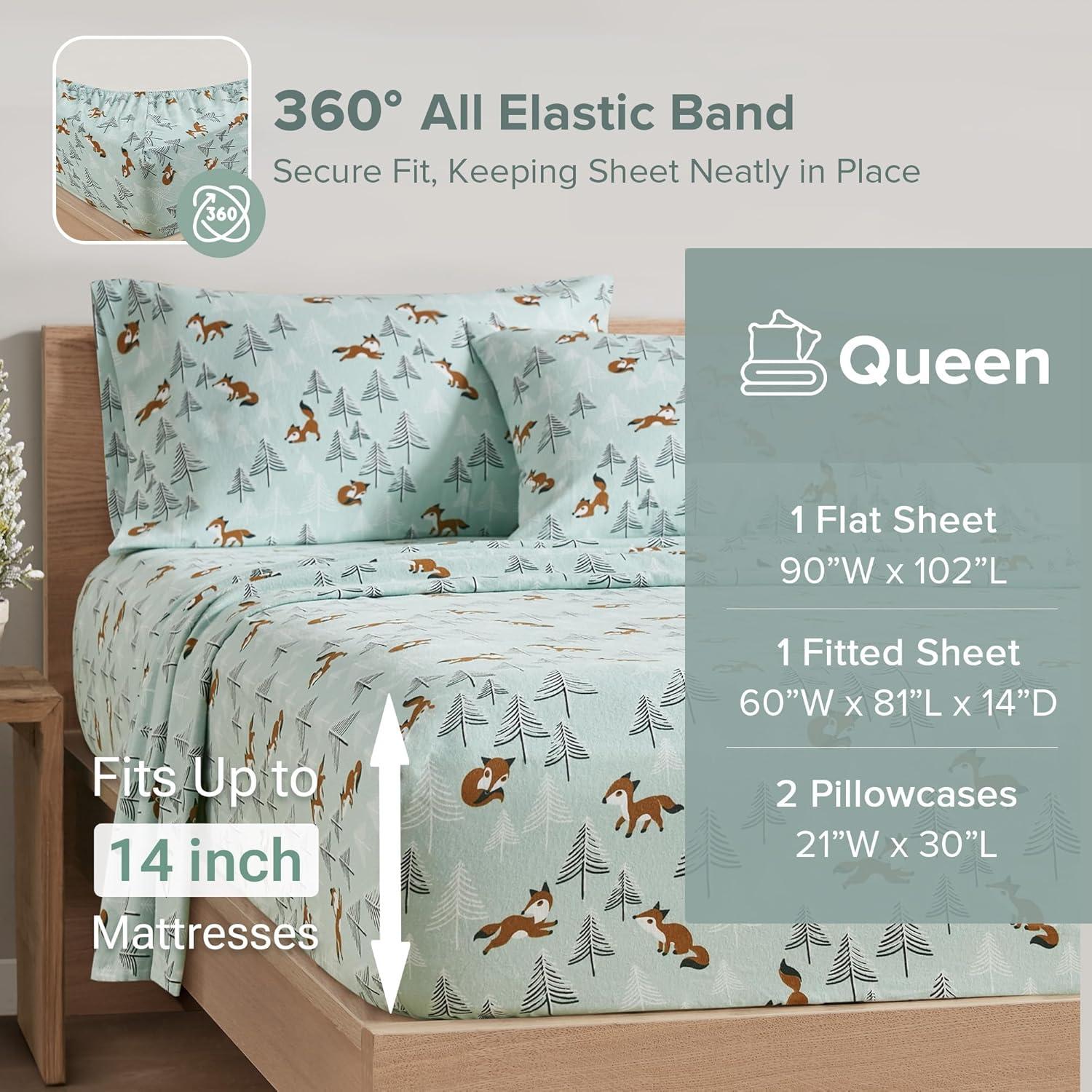 Comfort Spaces Sábanas de Franela Tamaño Queen con Bolsillo, 100% Algodón, Novalty Seafoam Foxes, Juegos de Sábanas Tamaño Queen, 4 Piezas