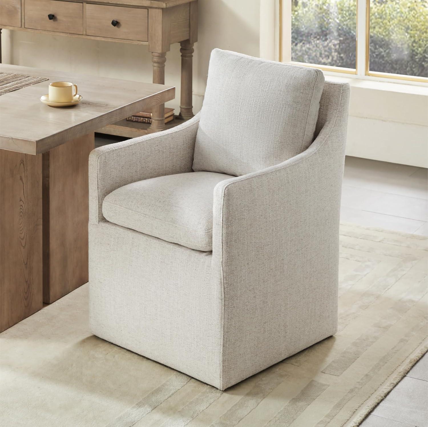 White Upholstered Low Back Arm Chair with Wood Frame