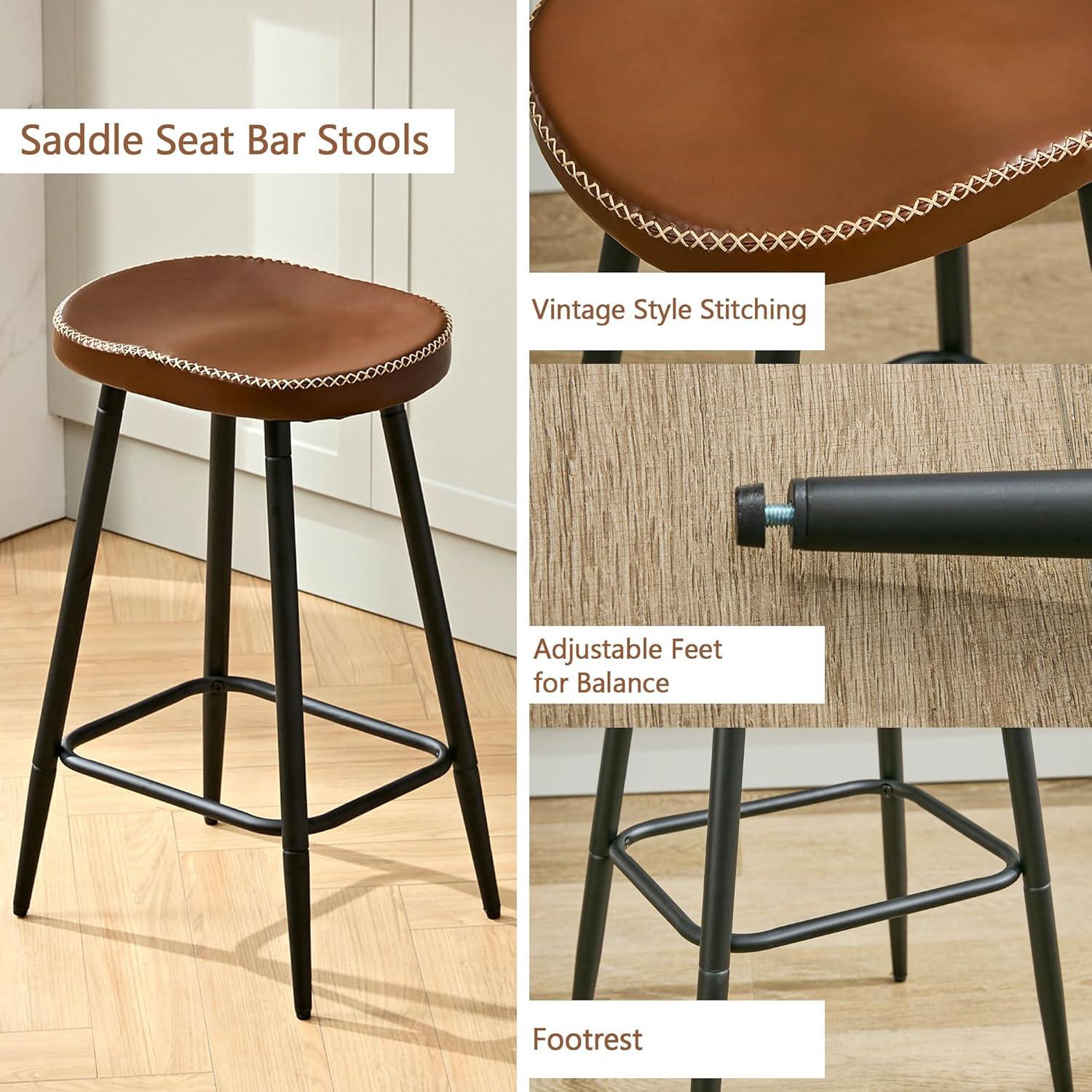 Adjustable Brown Faux Leather Saddle Bar Stools with Metal Legs