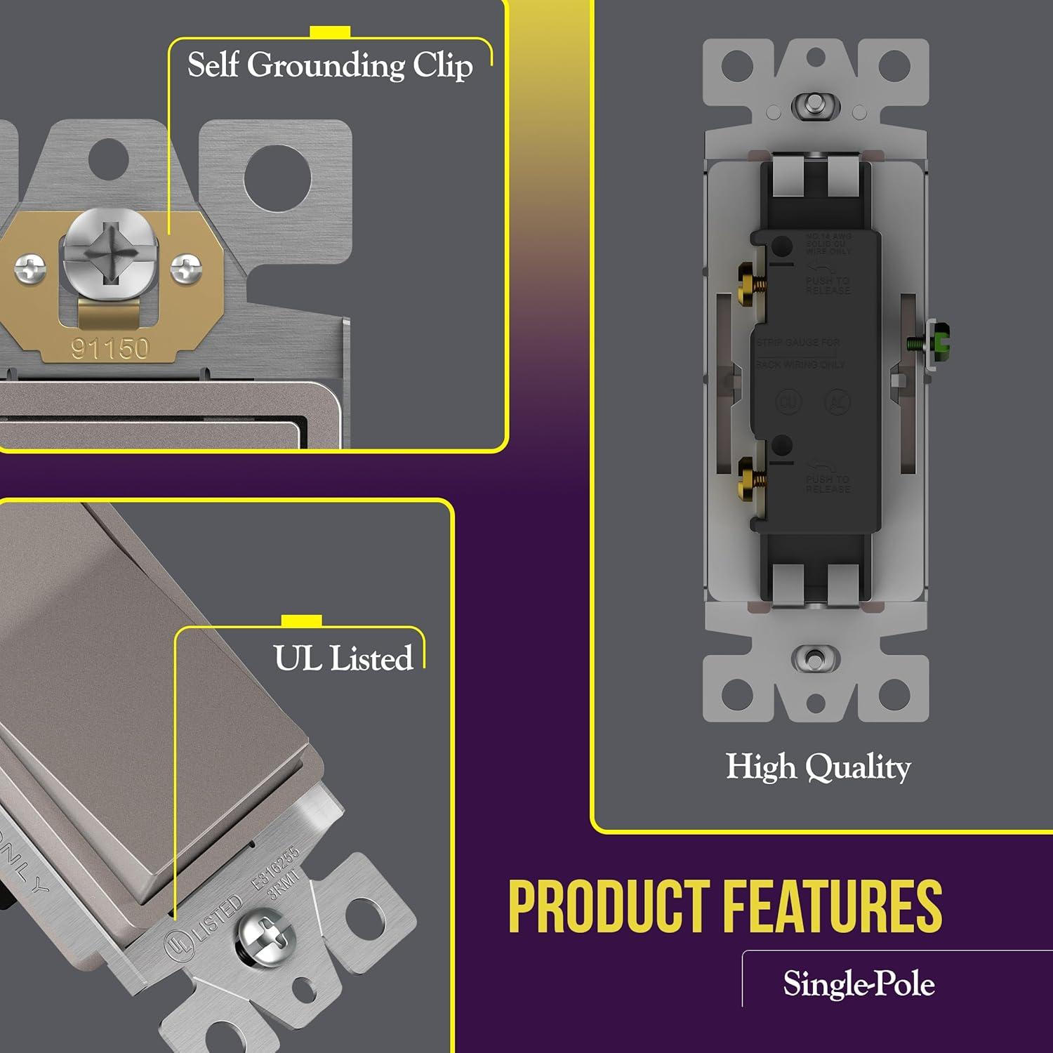 ENERLITES Decorator Rocker Light Switch, Elite Series, 15A 120V/277V, Single Pole, 3 Wire, Grounding Screw, UL Listed, 91150-NK, Nickel Color (10 Pack)