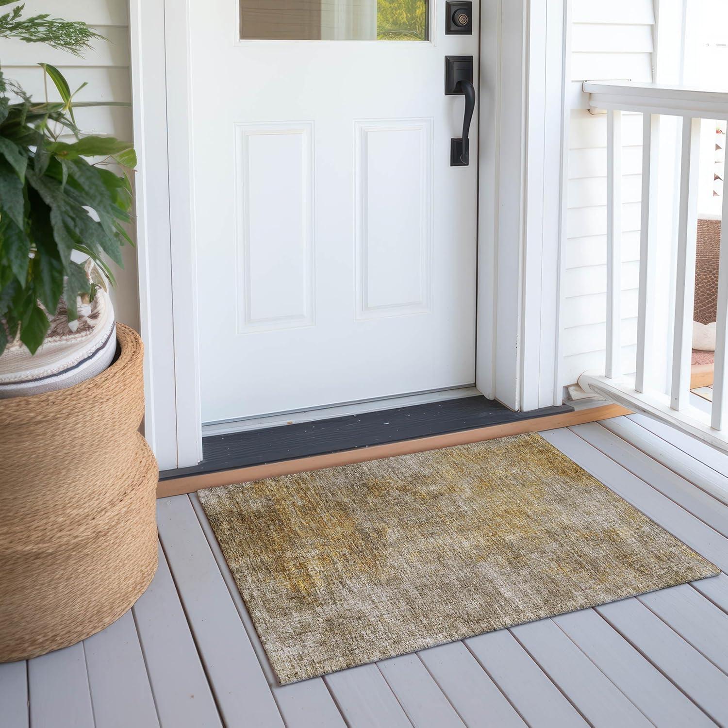 Beige and Gold Machine Washable Indoor Outdoor Area Rug