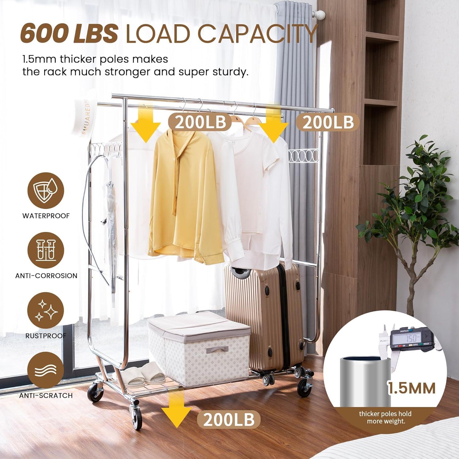 Heavy Duty Silver Metal Rolling Clothes Rack with Shelves