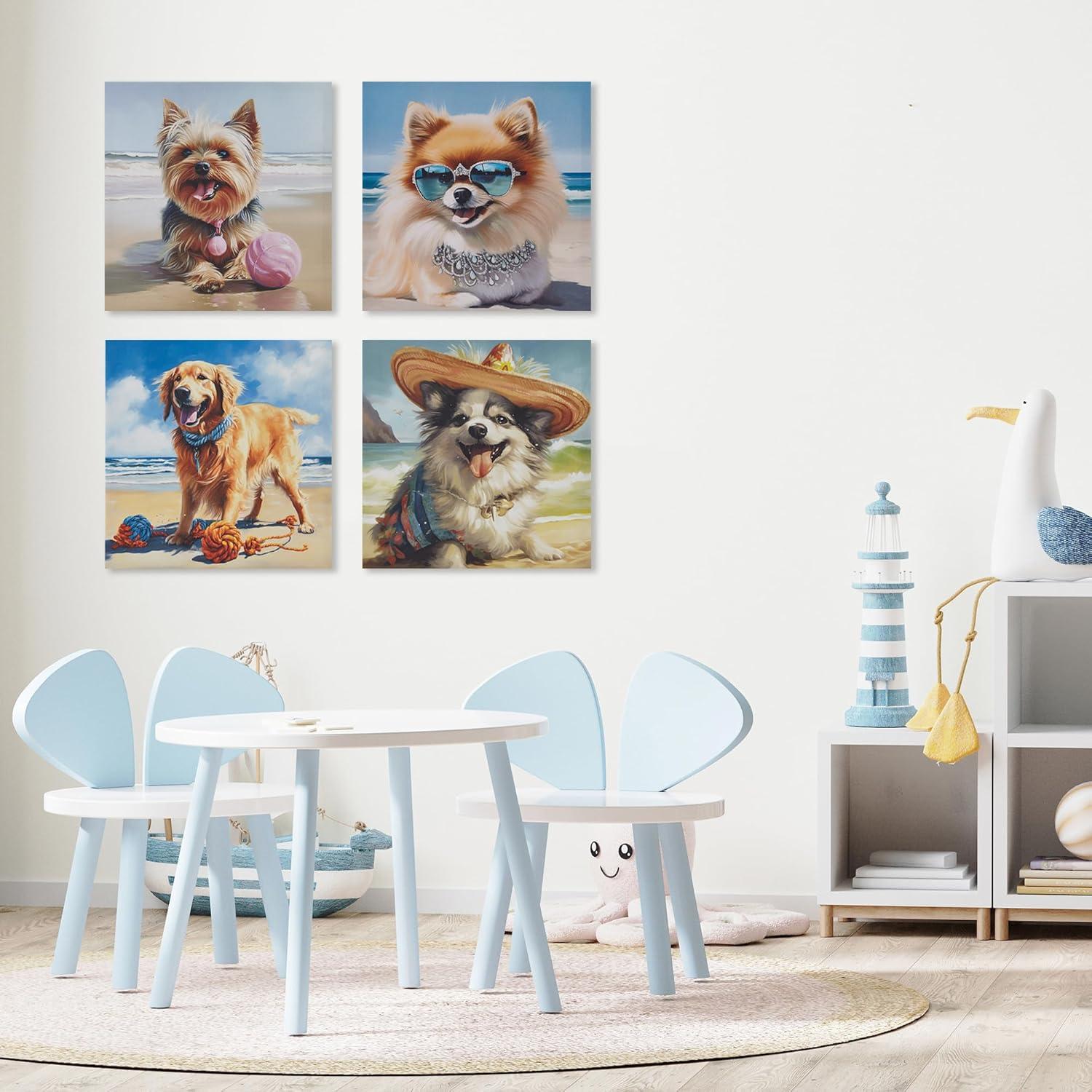 Madison Park 16"x16" Beach Playful Lively Dogs Print Canvas Wall Decor Art Golden Retriever Blue: Farmhouse Style