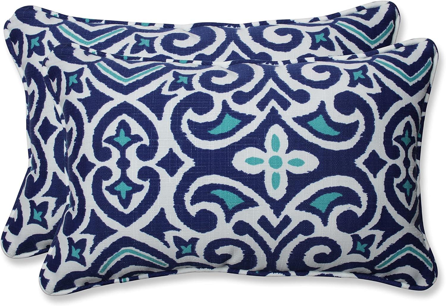 Blue and White Damask Rectangular Outdoor Throw Pillows, Set of 2