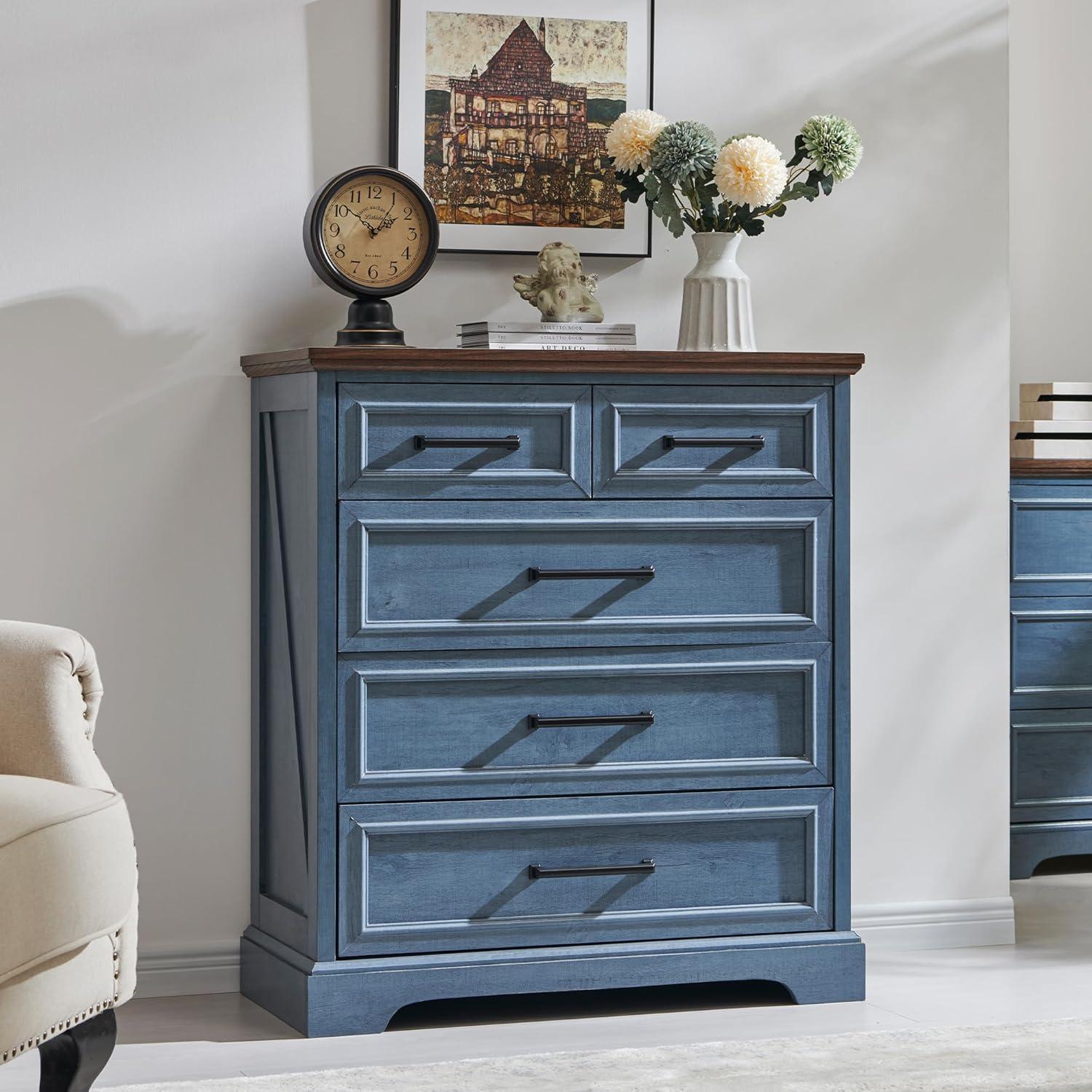 Blue Farmhouse 36" Tall Rustic Wood 5-Drawer Dresser