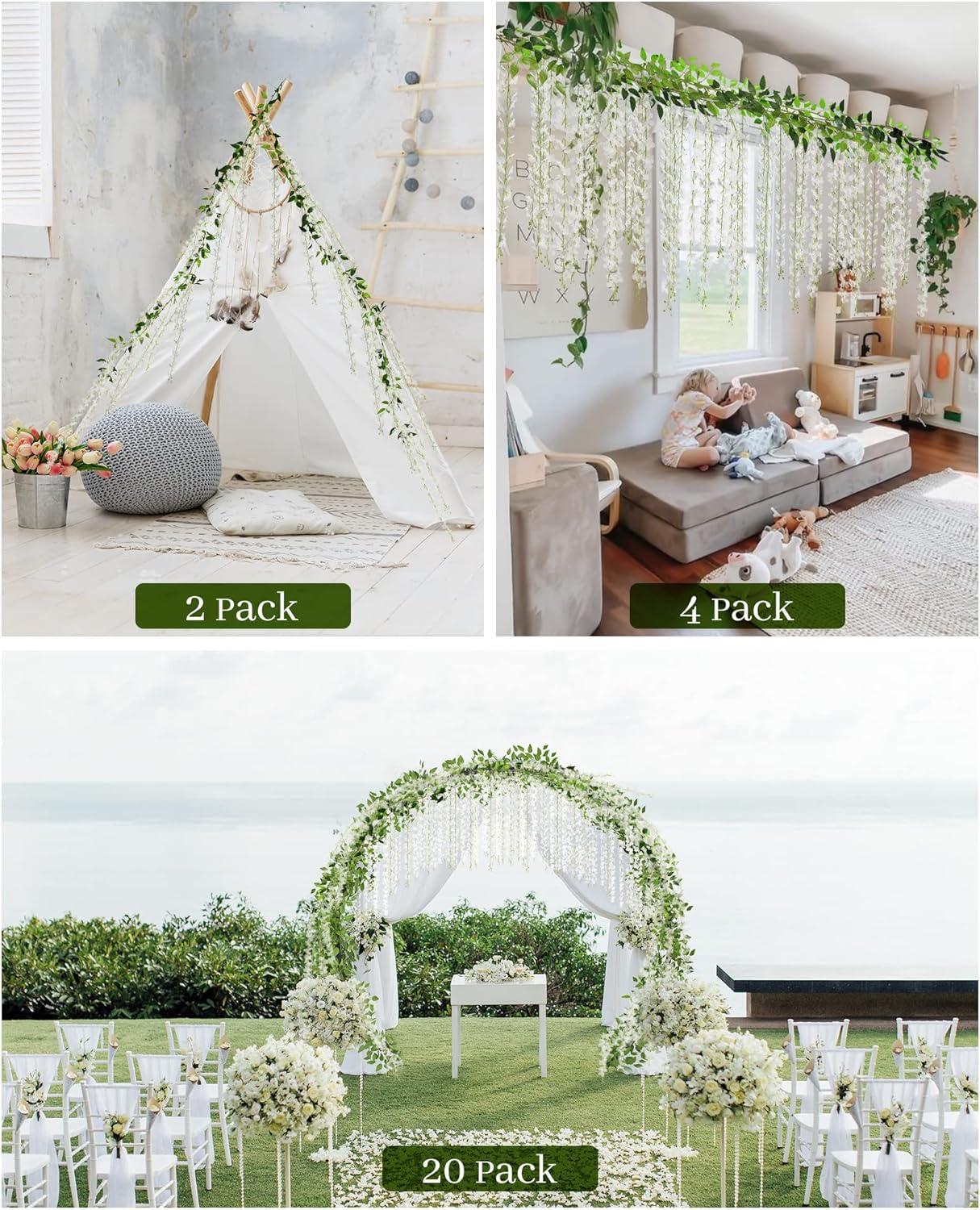 JACKYLED 40 Branches Wisteria Hanging Flowers 6 Feet Artificial White Vine Silk Wisteria Flowers Garland for Wedding Arch Party Garden Home Decor (4 Packs)